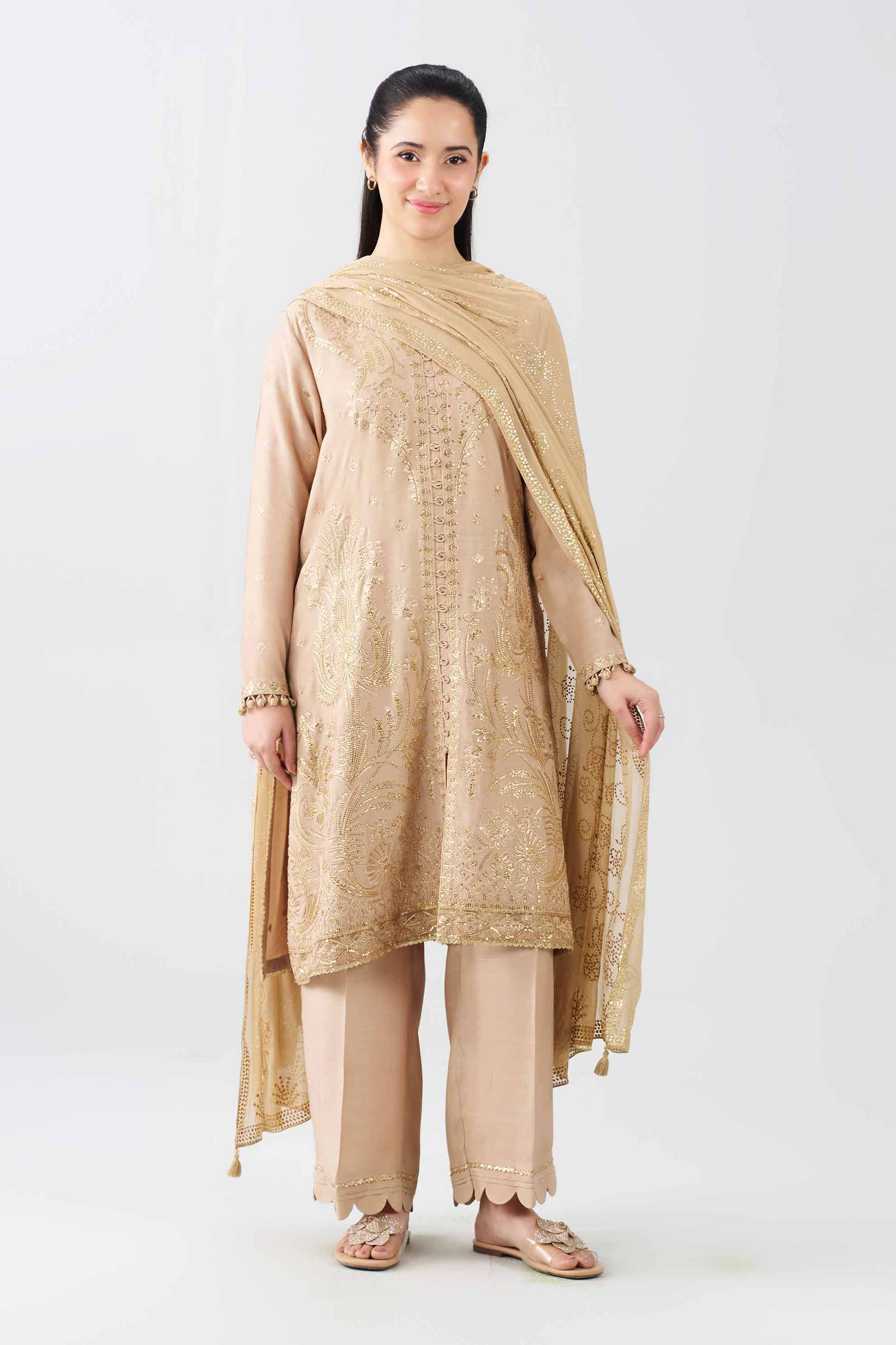 Nishat UK - Beige Embroidered Raw Silk 3 Pieces ready to wear Suit