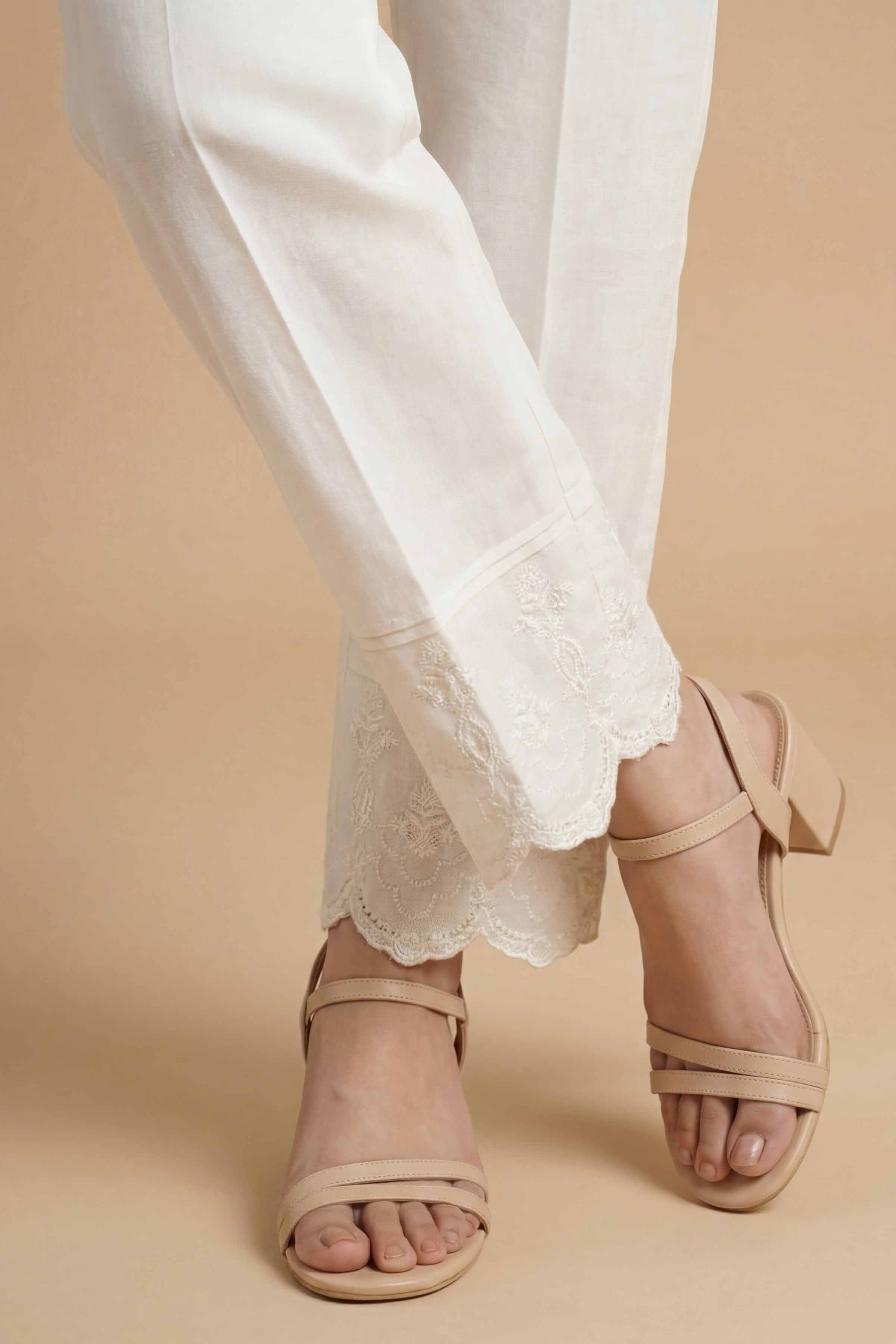 NishatUK - White Embroidered Cambric  ready to wear Trouser