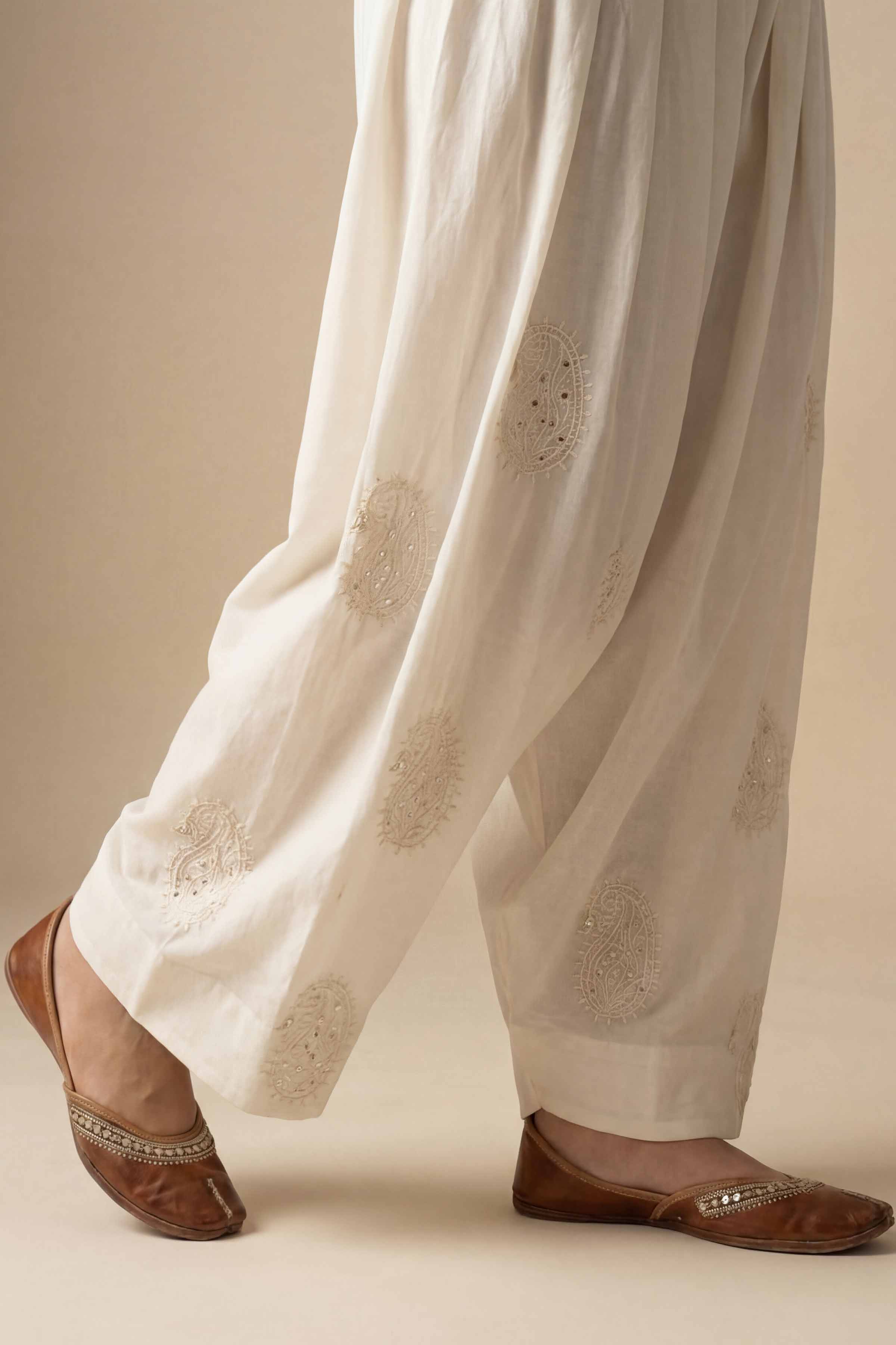 NishatUK - Off White Embroidered Cambric  ready to wear Shalwar