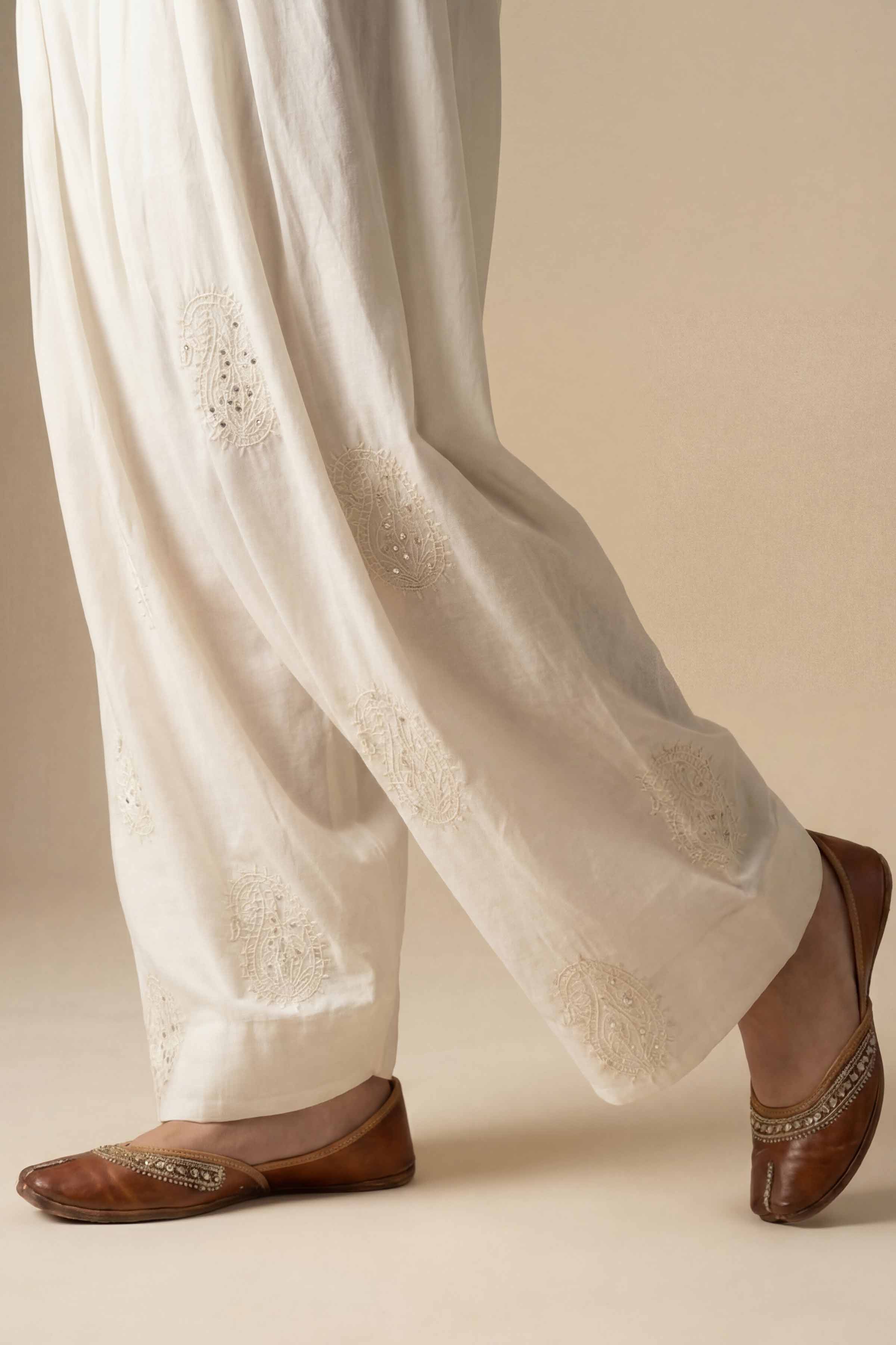 NishatUK - Off White Embroidered Cambric  ready to wear Shalwar