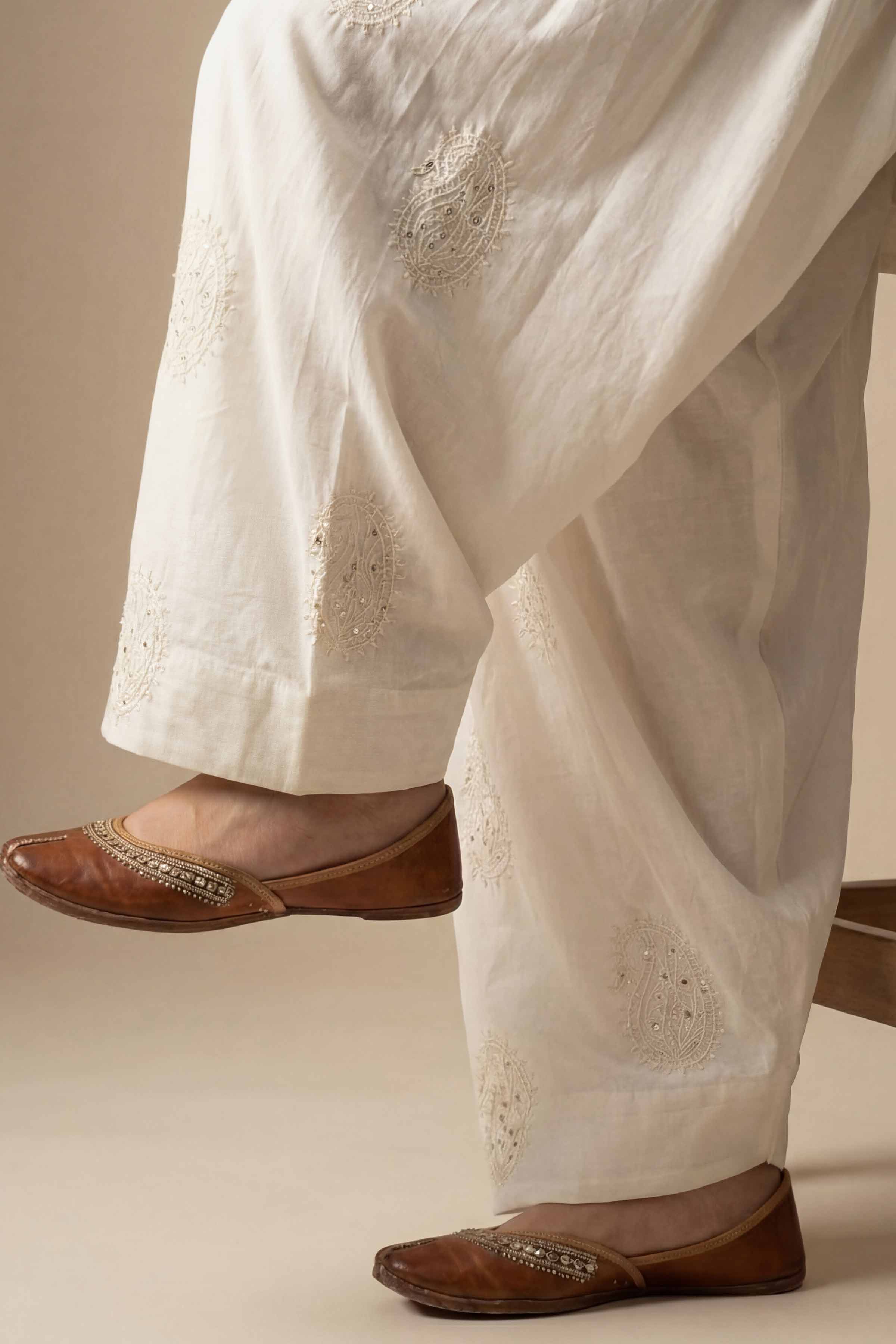 NishatUK - Off White Embroidered Cambric  ready to wear Shalwar