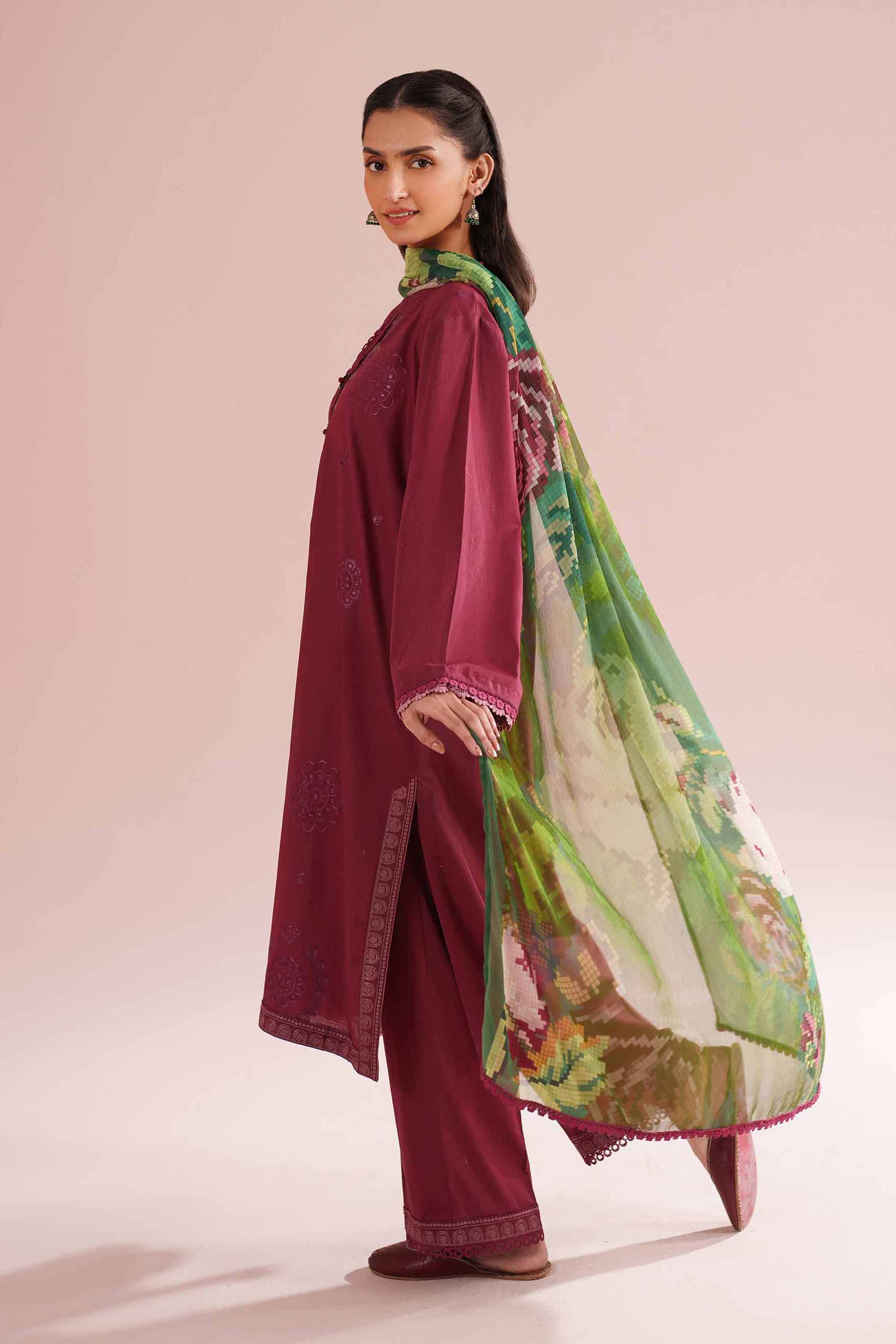 NishatUK - Red Embroidered Cross Hatch 3-piece ready to wear Suit