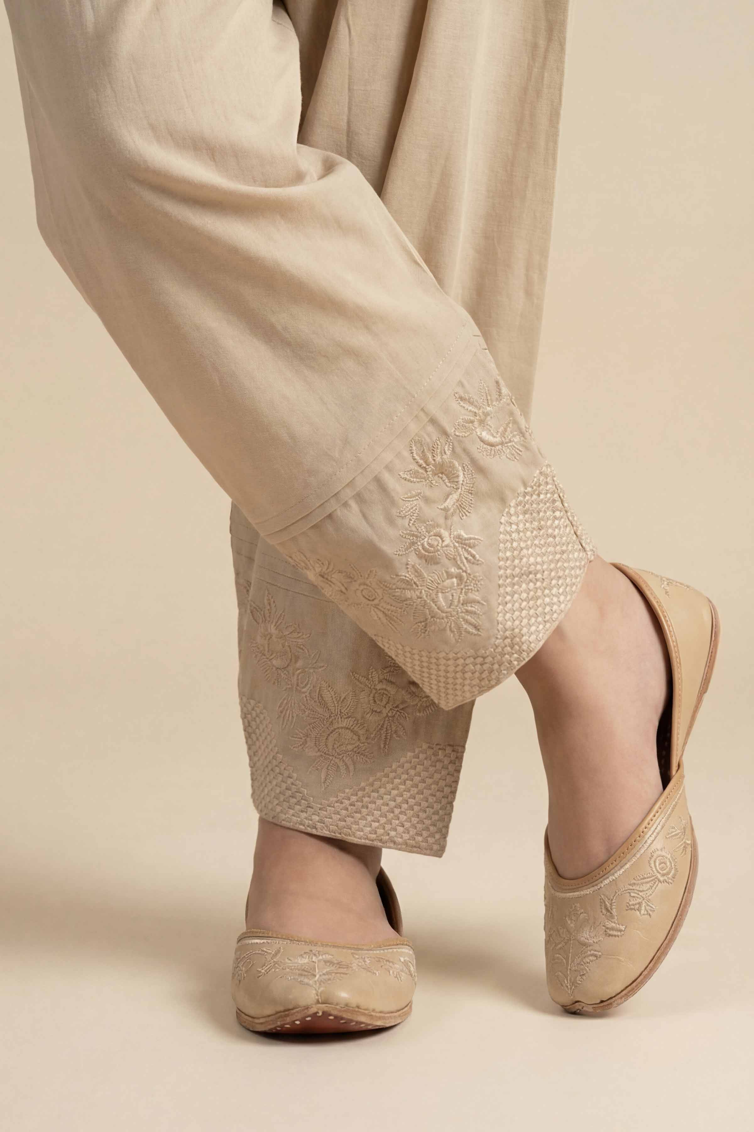 NishatUK - Beige Embroidered Cambric  ready to wear Shalwar