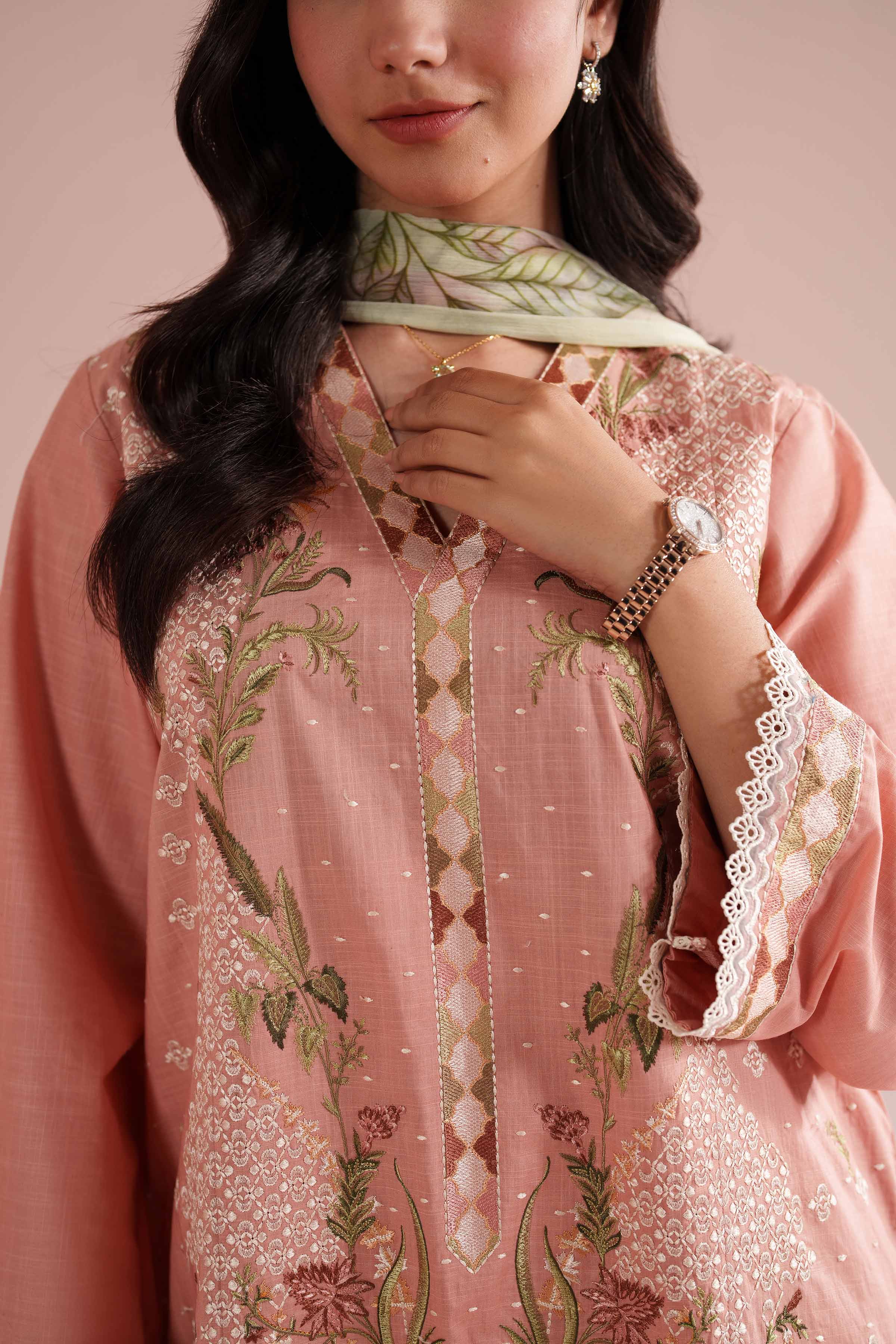 NishatUK - Orange Embroidered Cross Hatch 3-piece ready to wear Suit