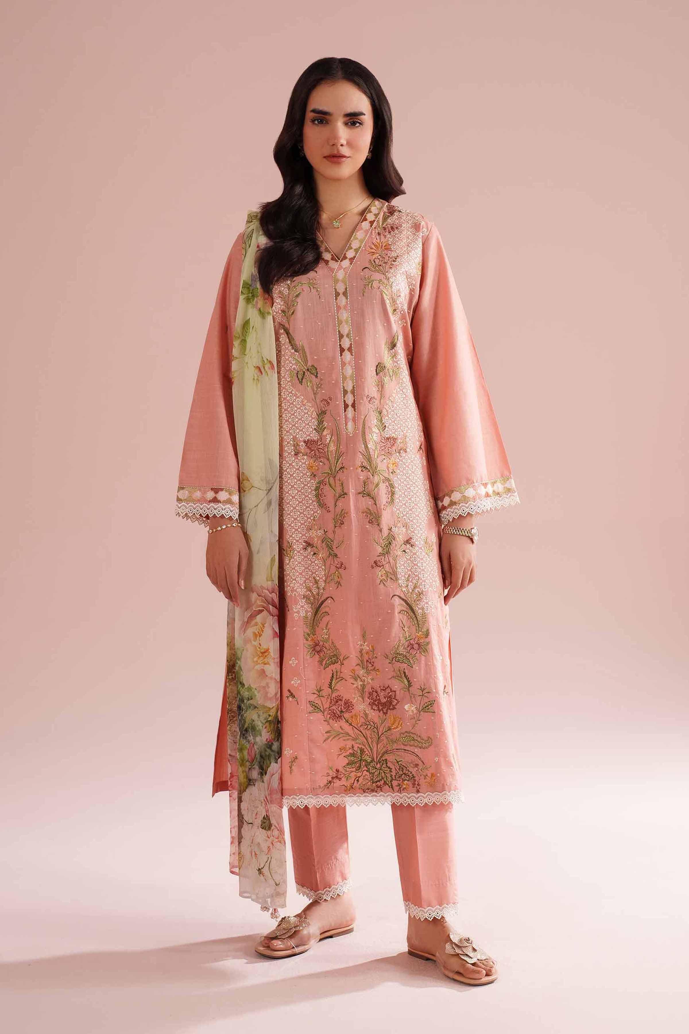 NishatUK - Orange Embroidered Cross Hatch 3-piece ready to wear Suit