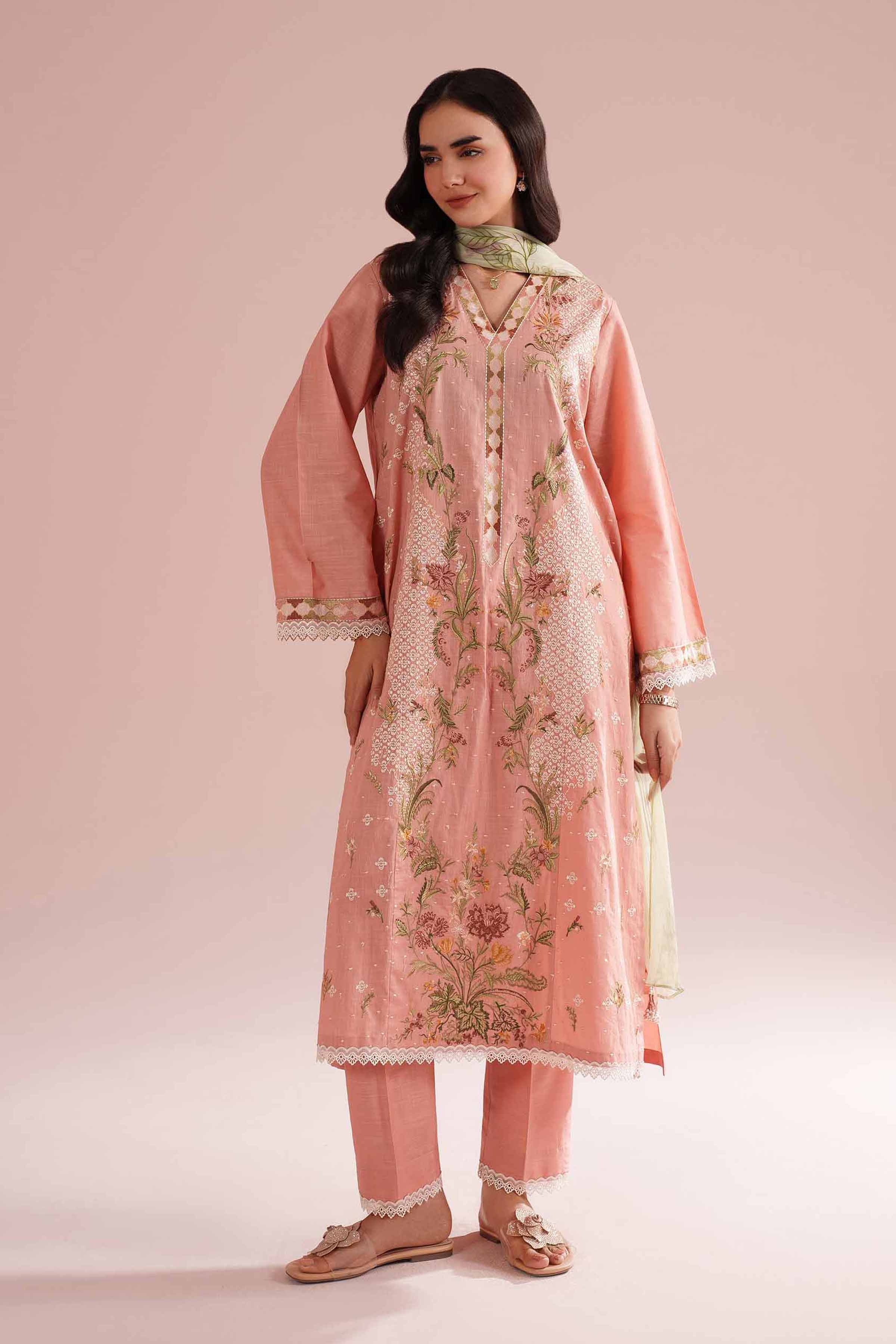 NishatUK - Orange Embroidered Cross Hatch 3-piece ready to wear Suit