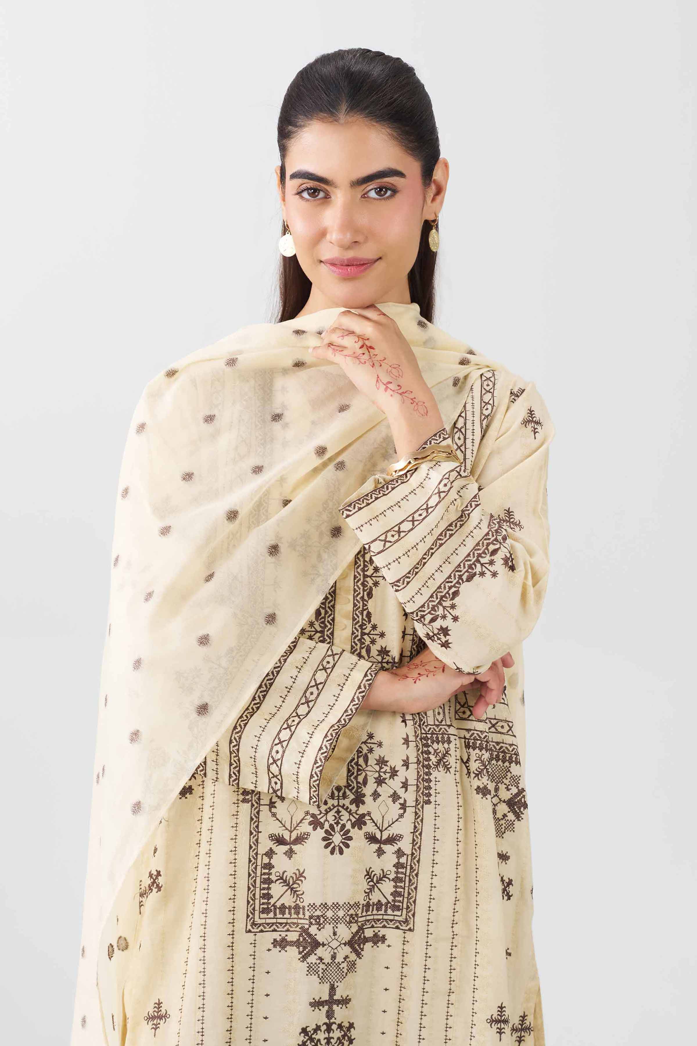 Nishat UK - Off White Embroidered Jacquard 3 Piece ready to wear Suit