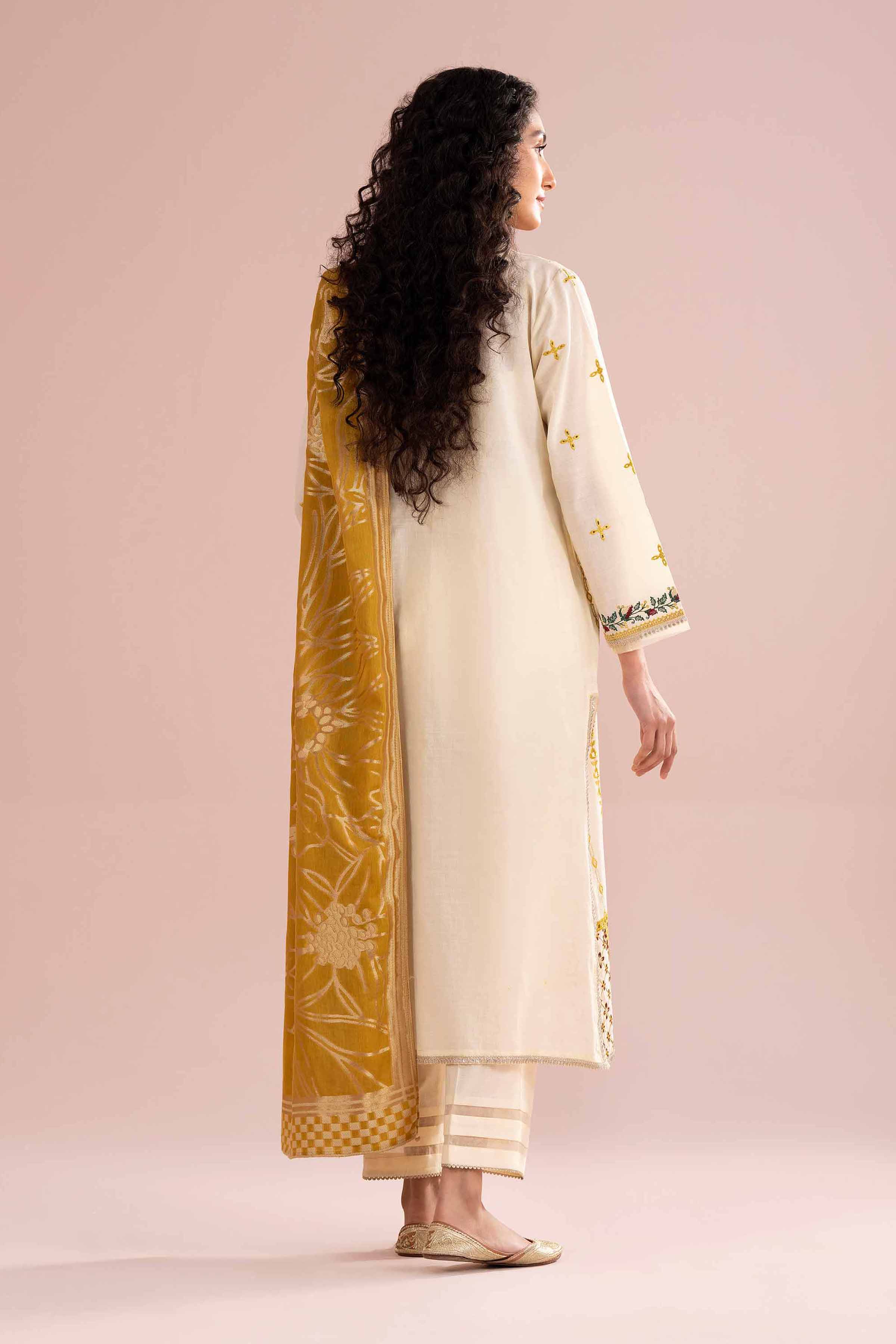 NishatUK - Yellow Embroidered Slub Base 3-piece ready to wear Suit