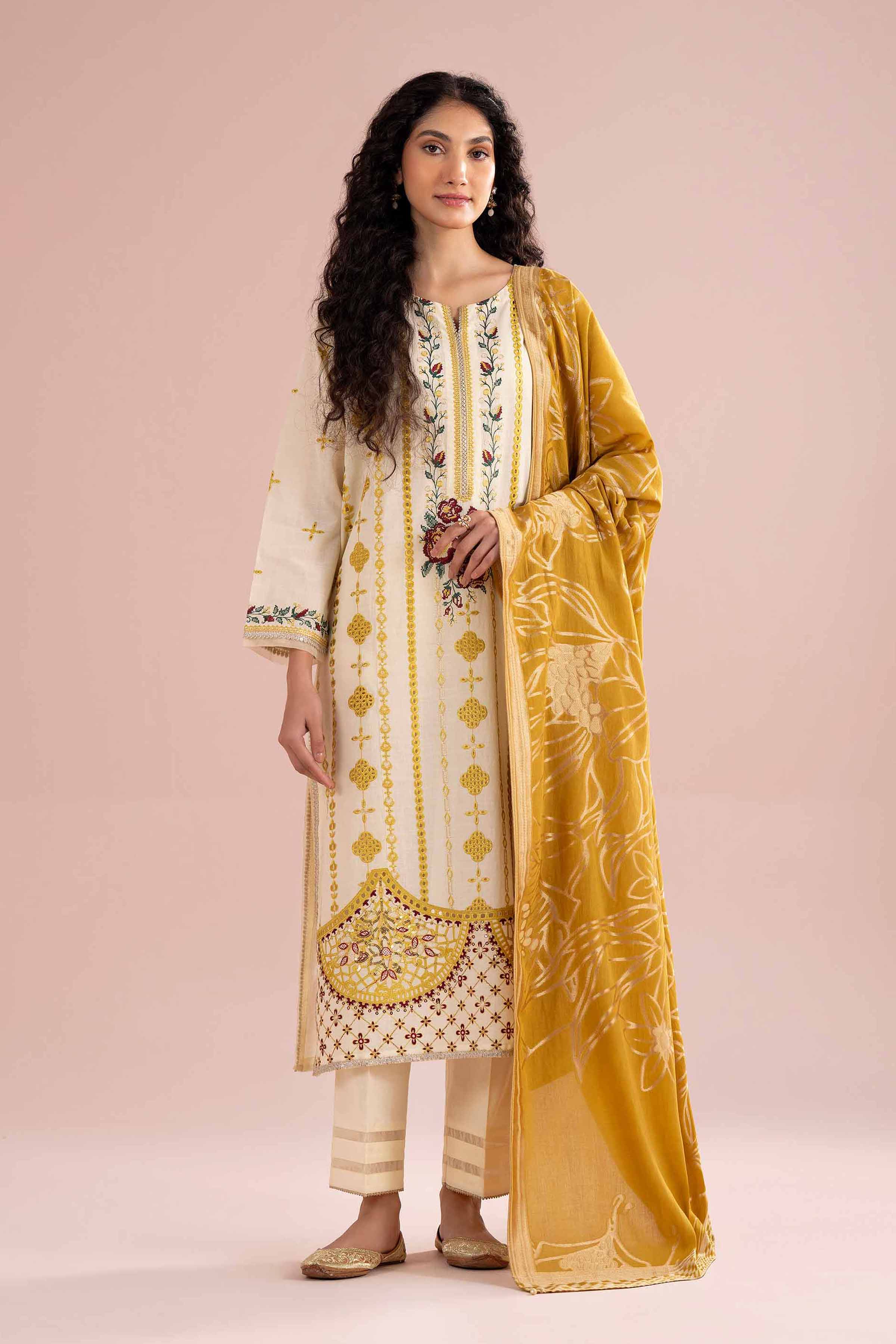 NishatUK - Yellow Embroidered Slub Base 3-piece ready to wear Suit