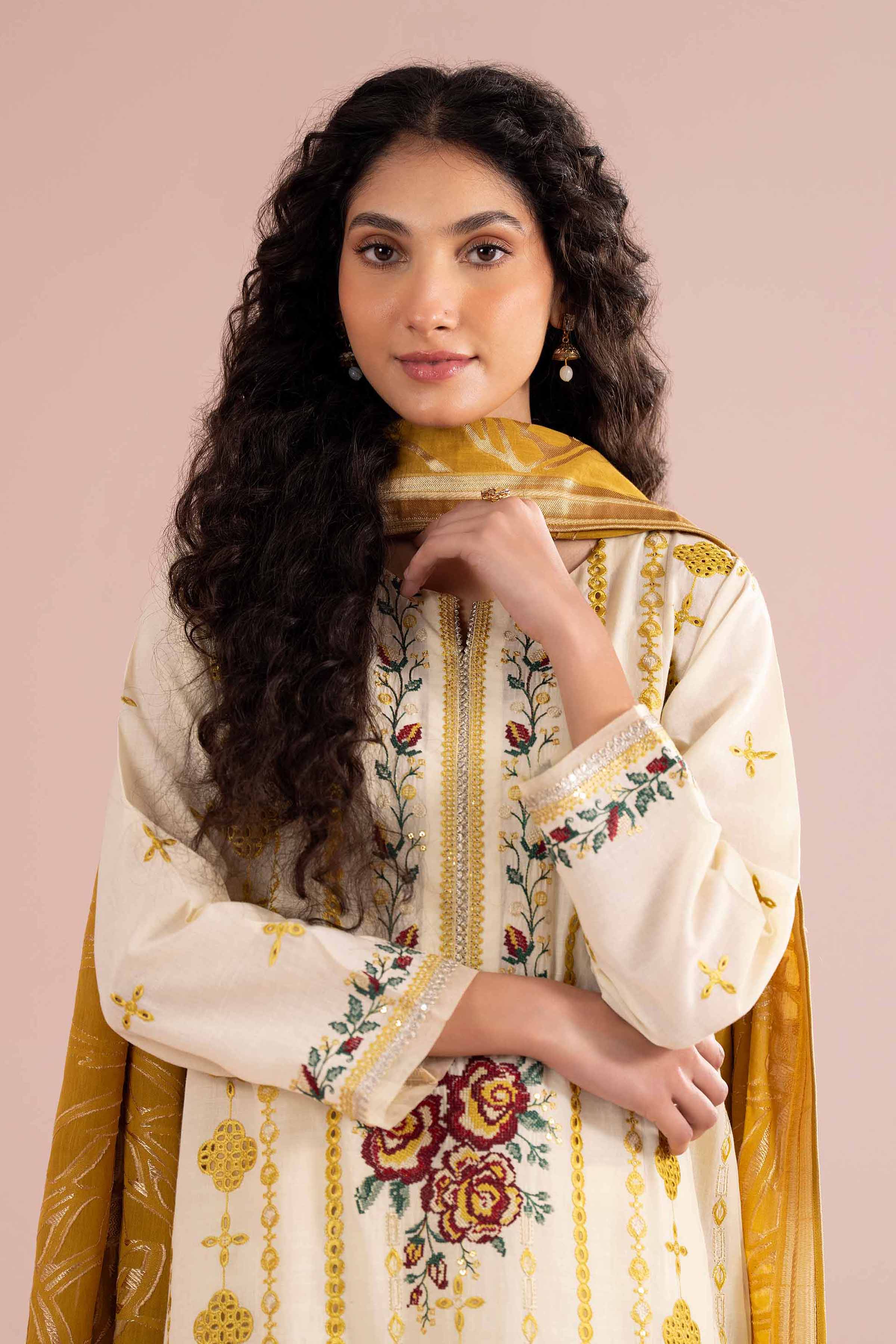 NishatUK - Yellow Embroidered Slub Base 3-piece ready to wear Suit
