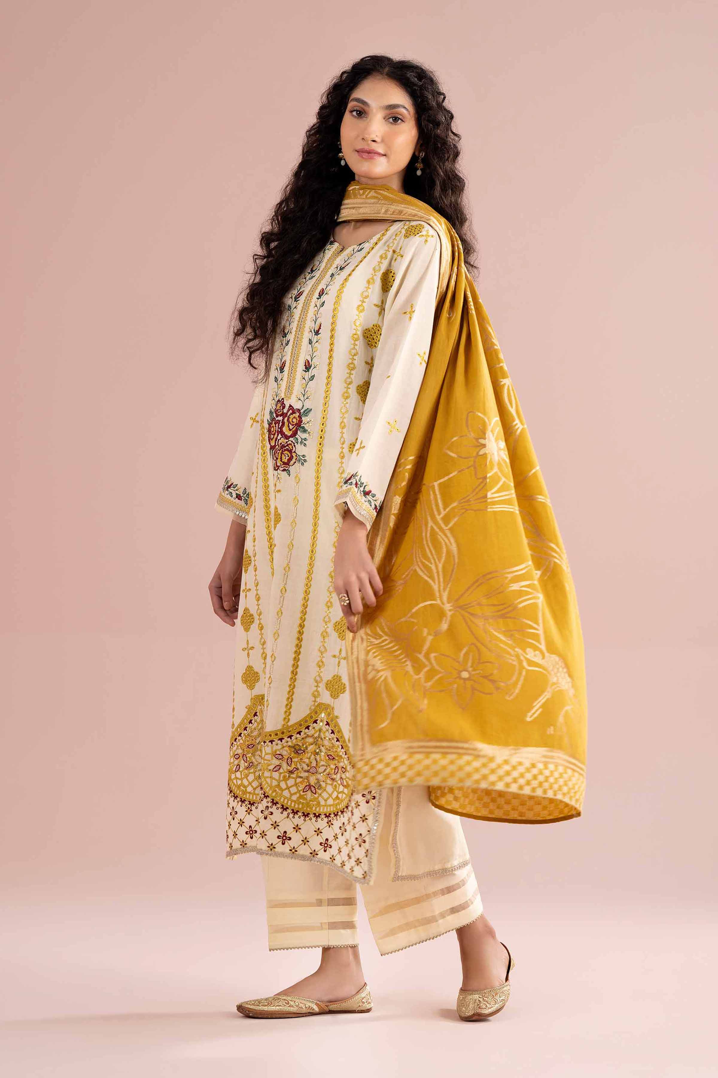 NishatUK - Yellow Embroidered Slub Base 3-piece ready to wear Suit