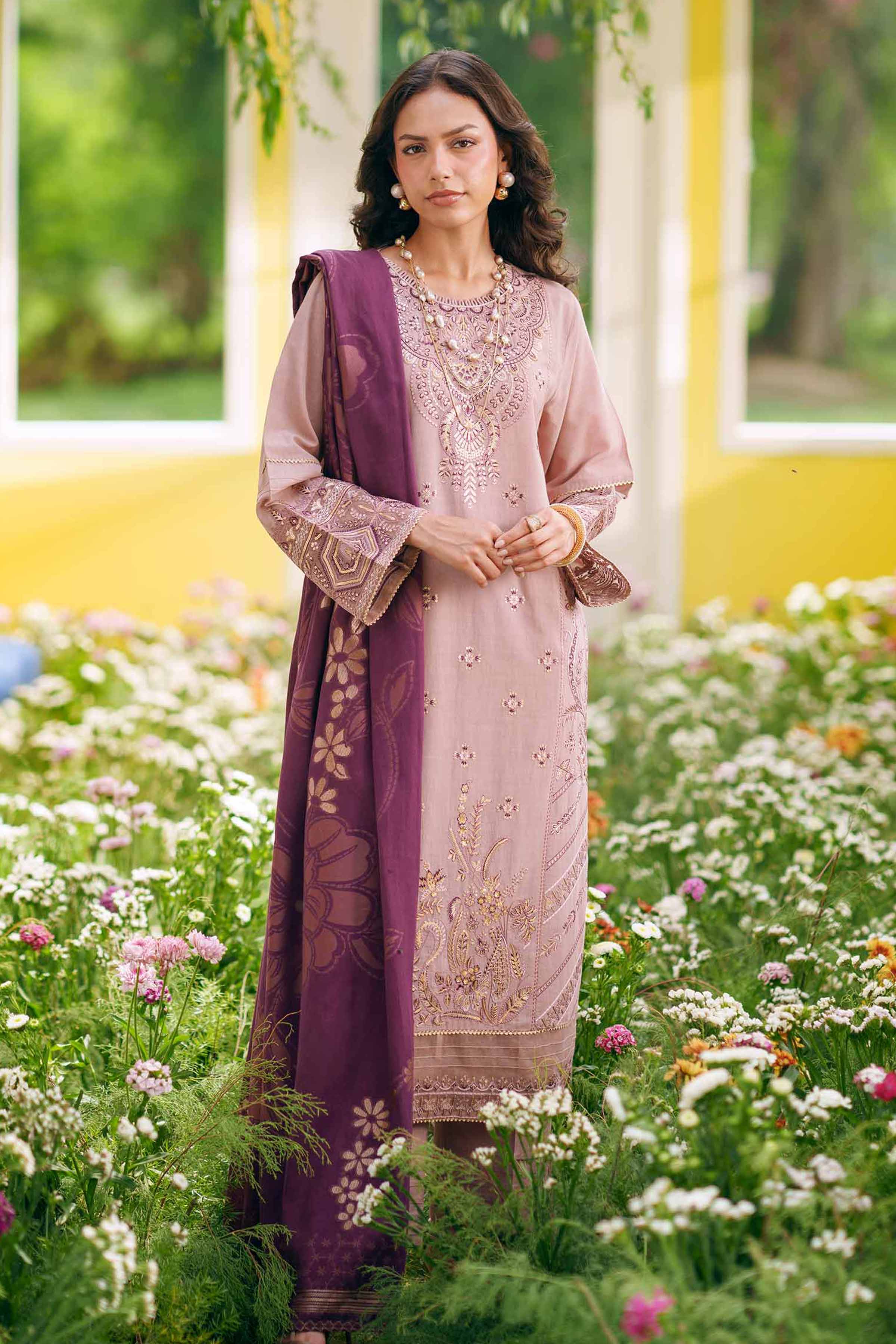 Nishat UK - Purple Embroidered Slub Base 3-piece ready to wear Suit