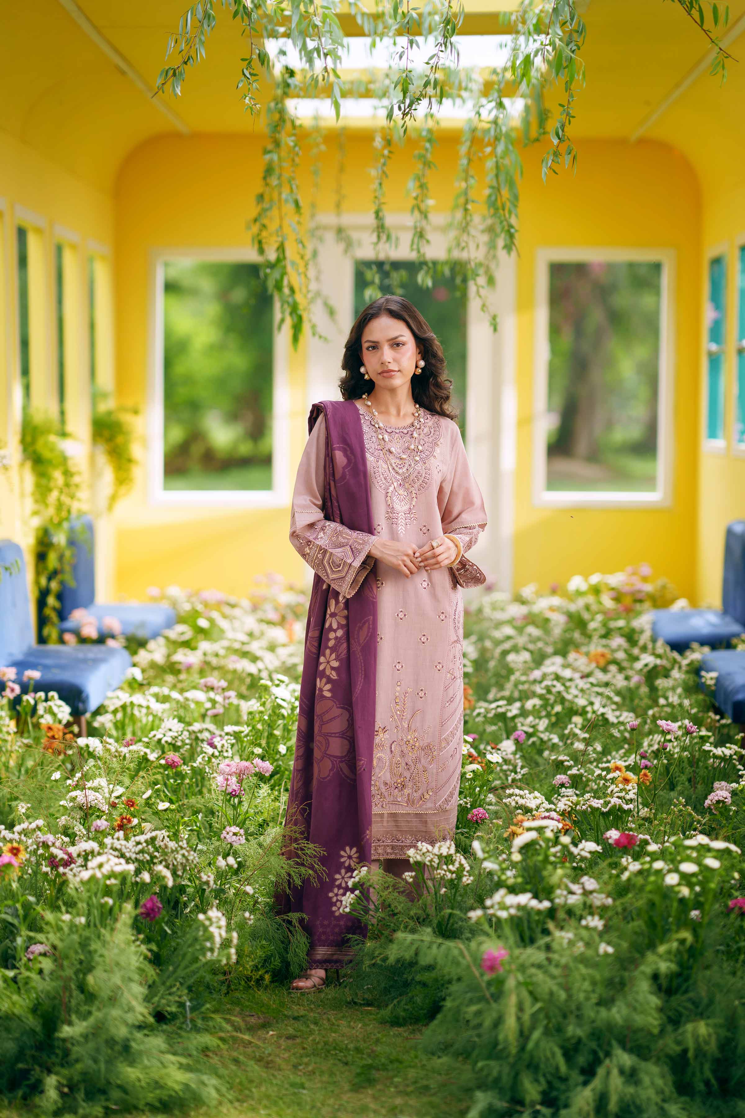 Nishat UK - Purple Embroidered Slub Base 3-piece ready to wear Suit