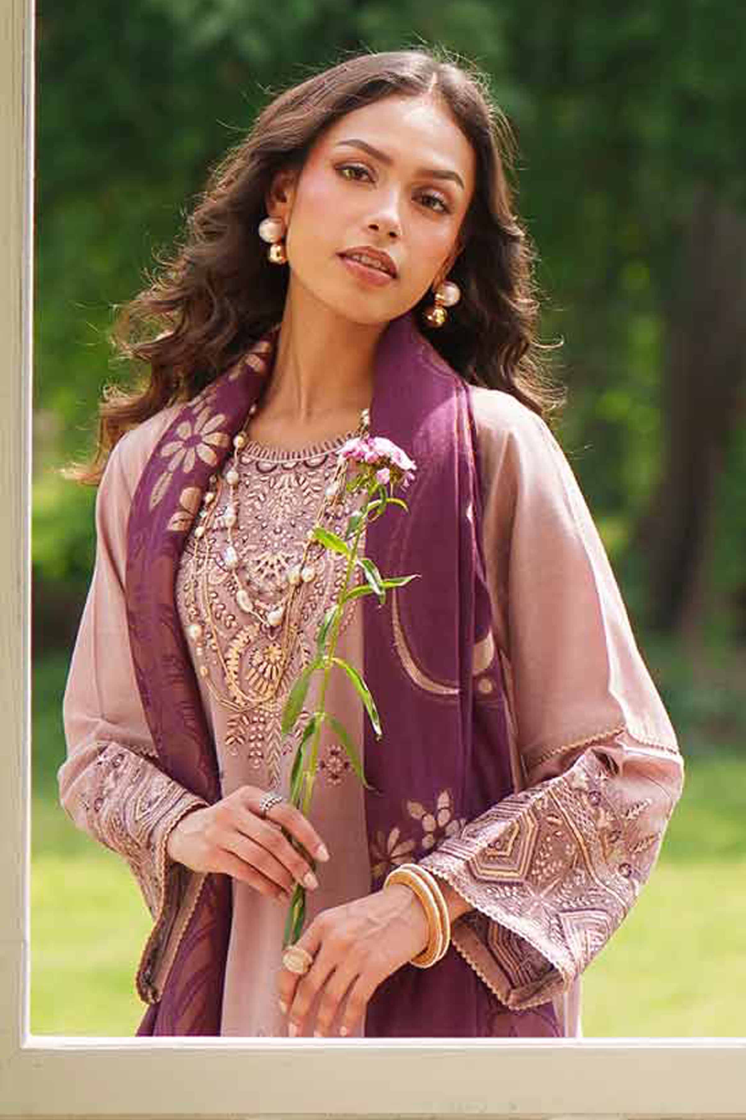 Nishat UK - Purple Embroidered Slub Base 3-piece ready to wear Suit