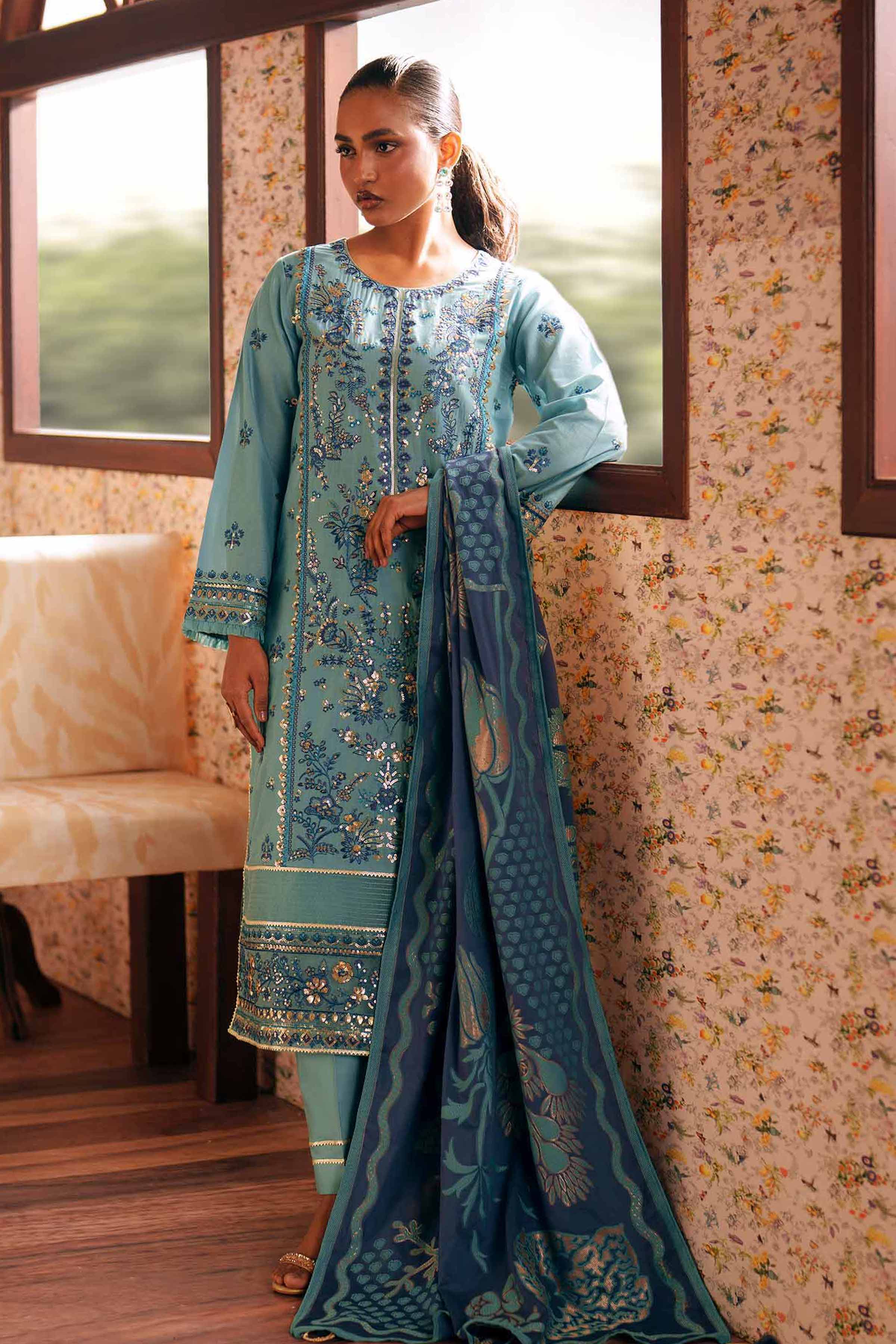 Nishat UK - Blue Embroidered Slub Base 3-piece ready to wear Suit