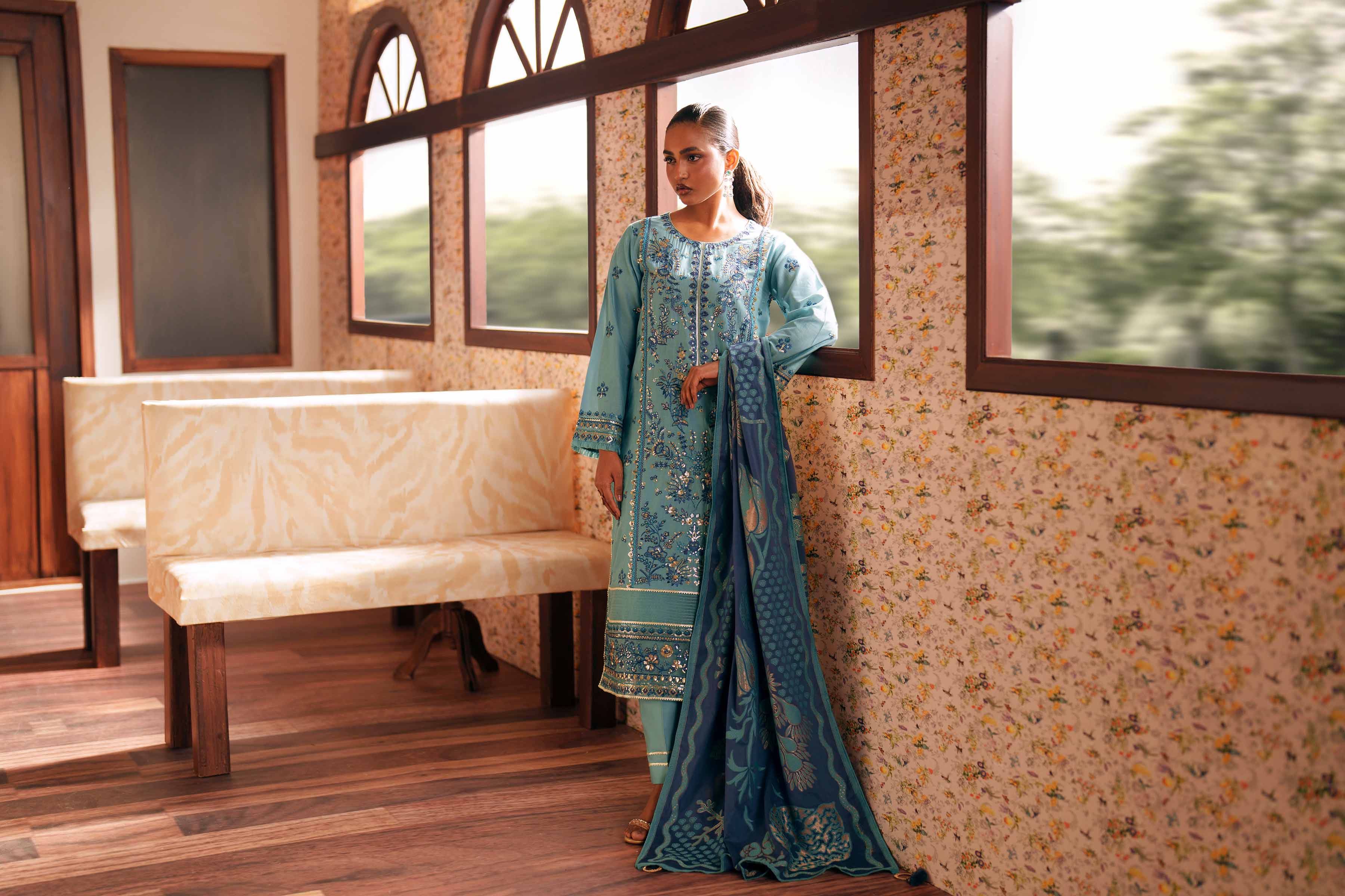 Nishat UK - Blue Embroidered Slub Base 3-piece ready to wear Suit