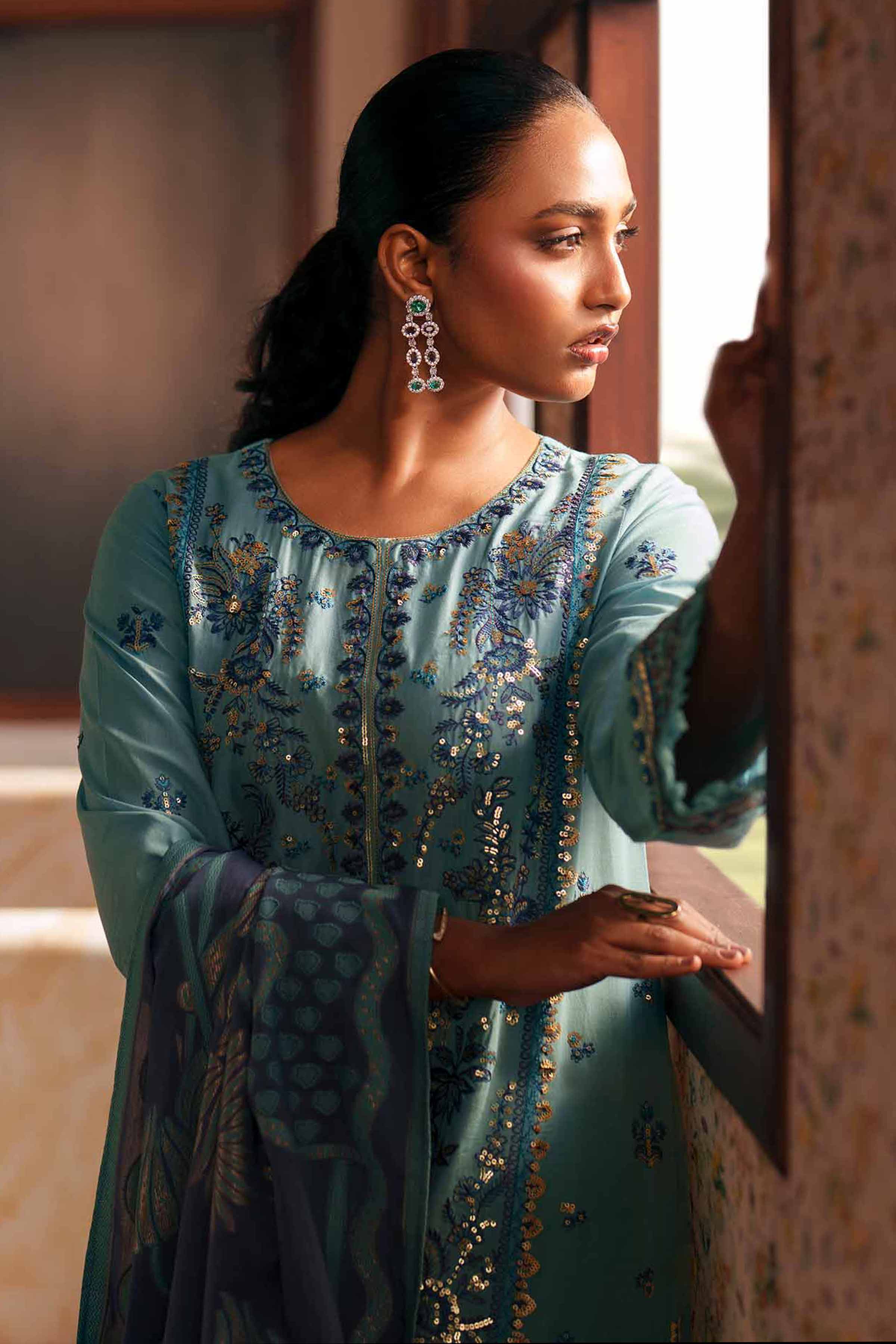 Nishat UK - Blue Embroidered Slub Base 3-piece ready to wear Suit