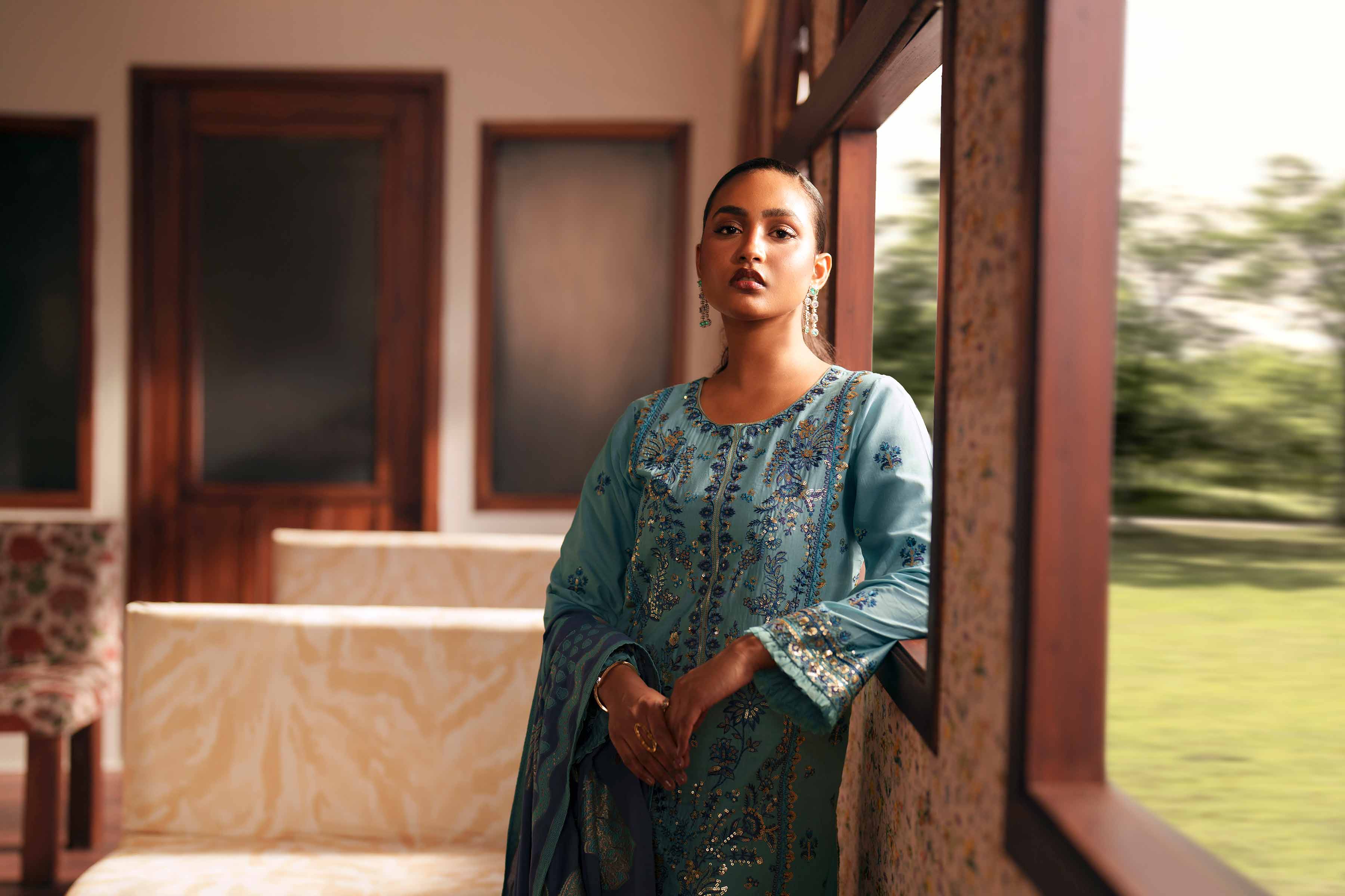 Nishat UK - Blue Embroidered Slub Base 3-piece ready to wear Suit