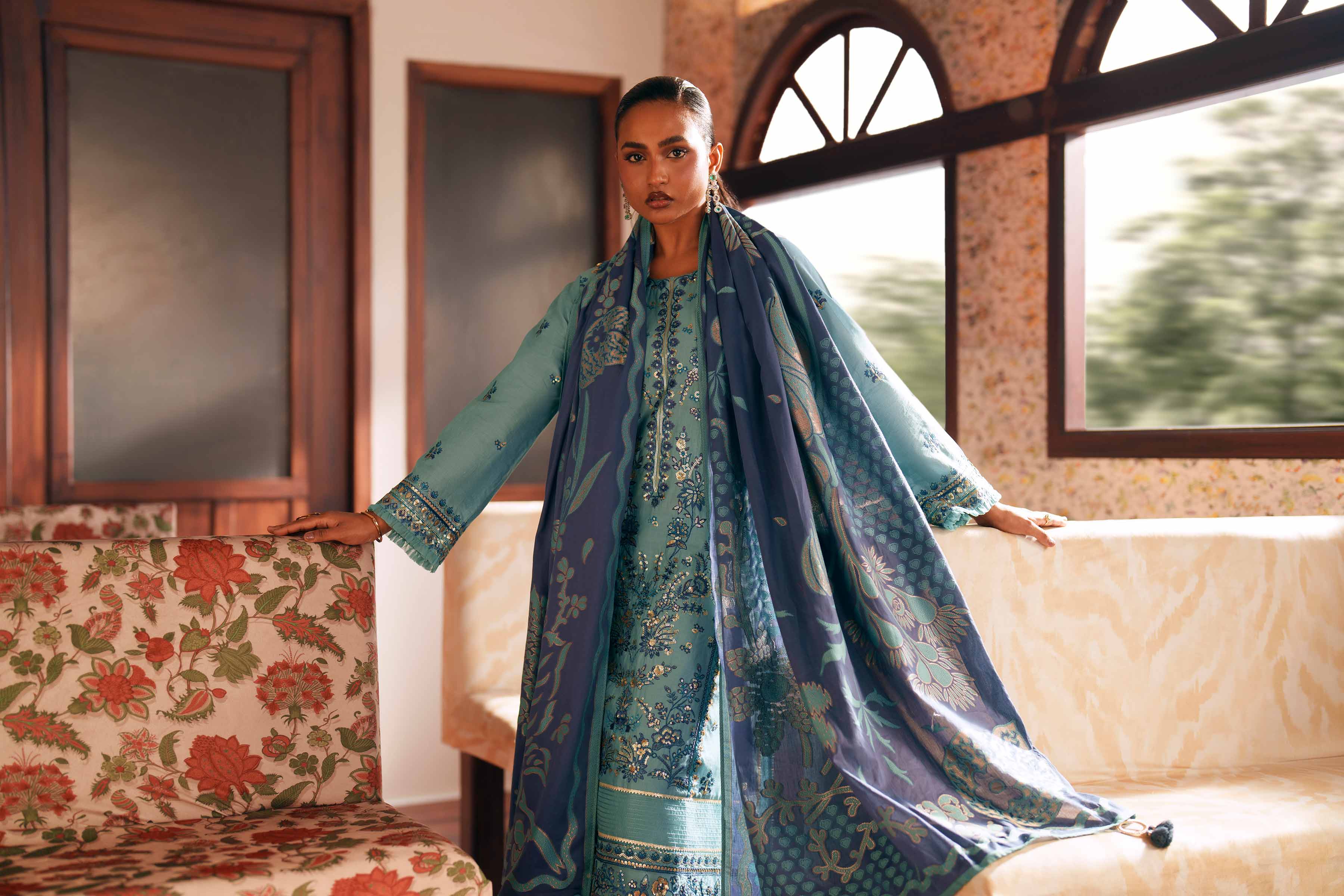 Nishat UK - Blue Embroidered Slub Base 3-piece ready to wear Suit