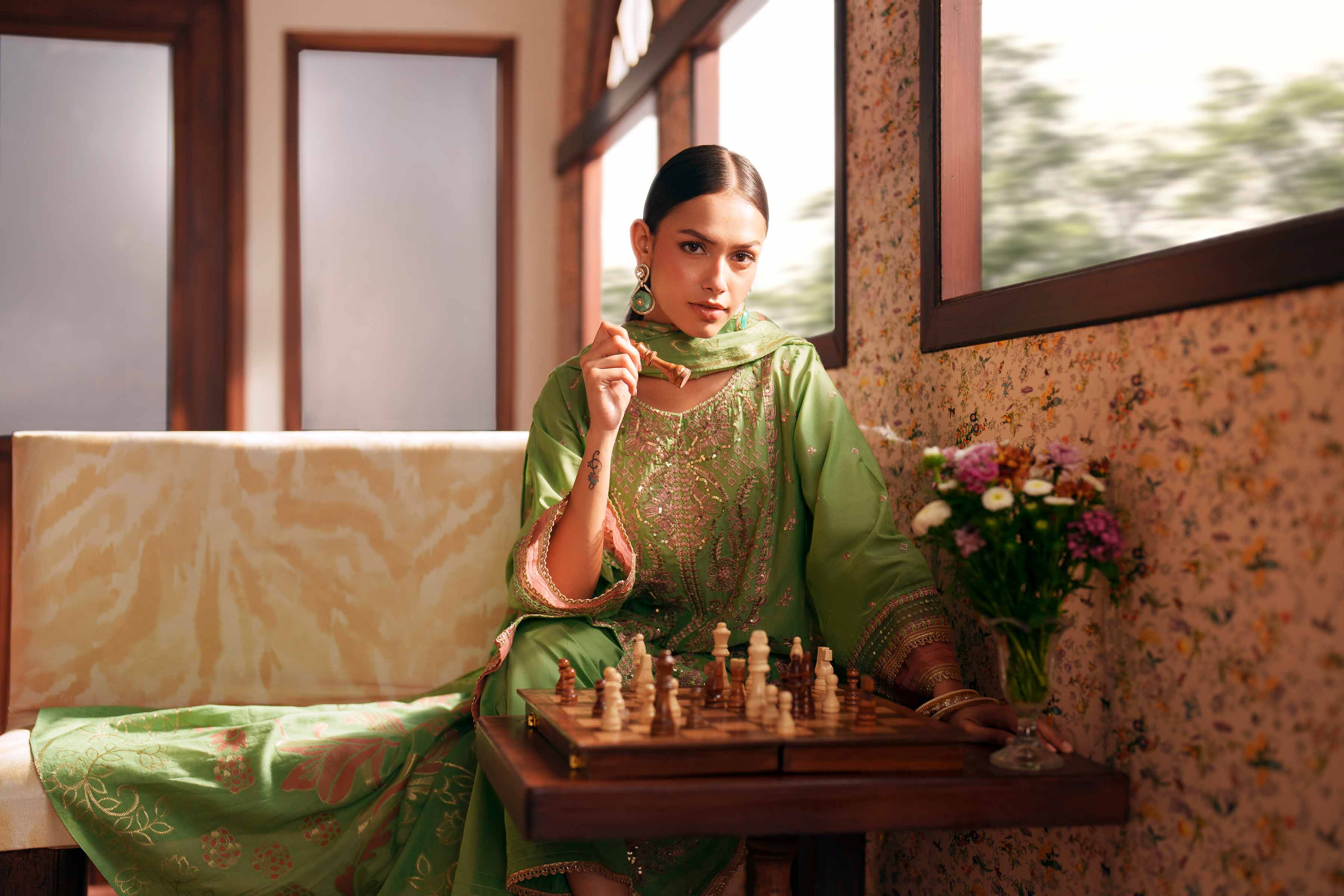Nishat UK - Green Embroidered Slub Base 3-piece ready to wear Suit