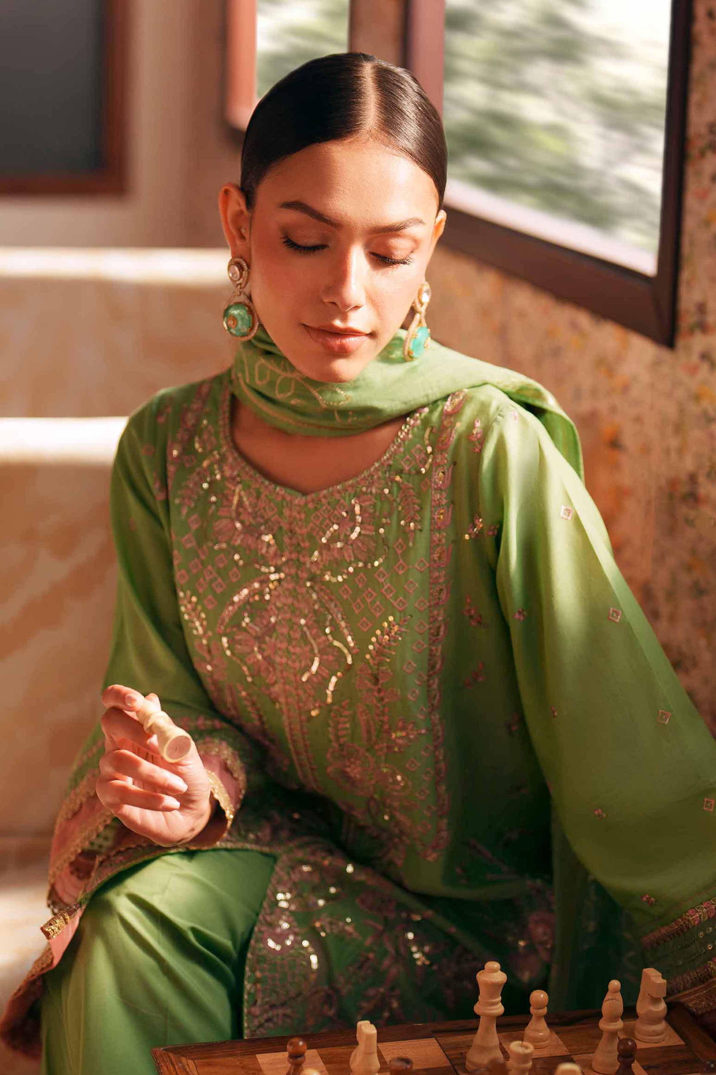 Nishat UK - Green Embroidered Slub Base 3-piece ready to wear Suit