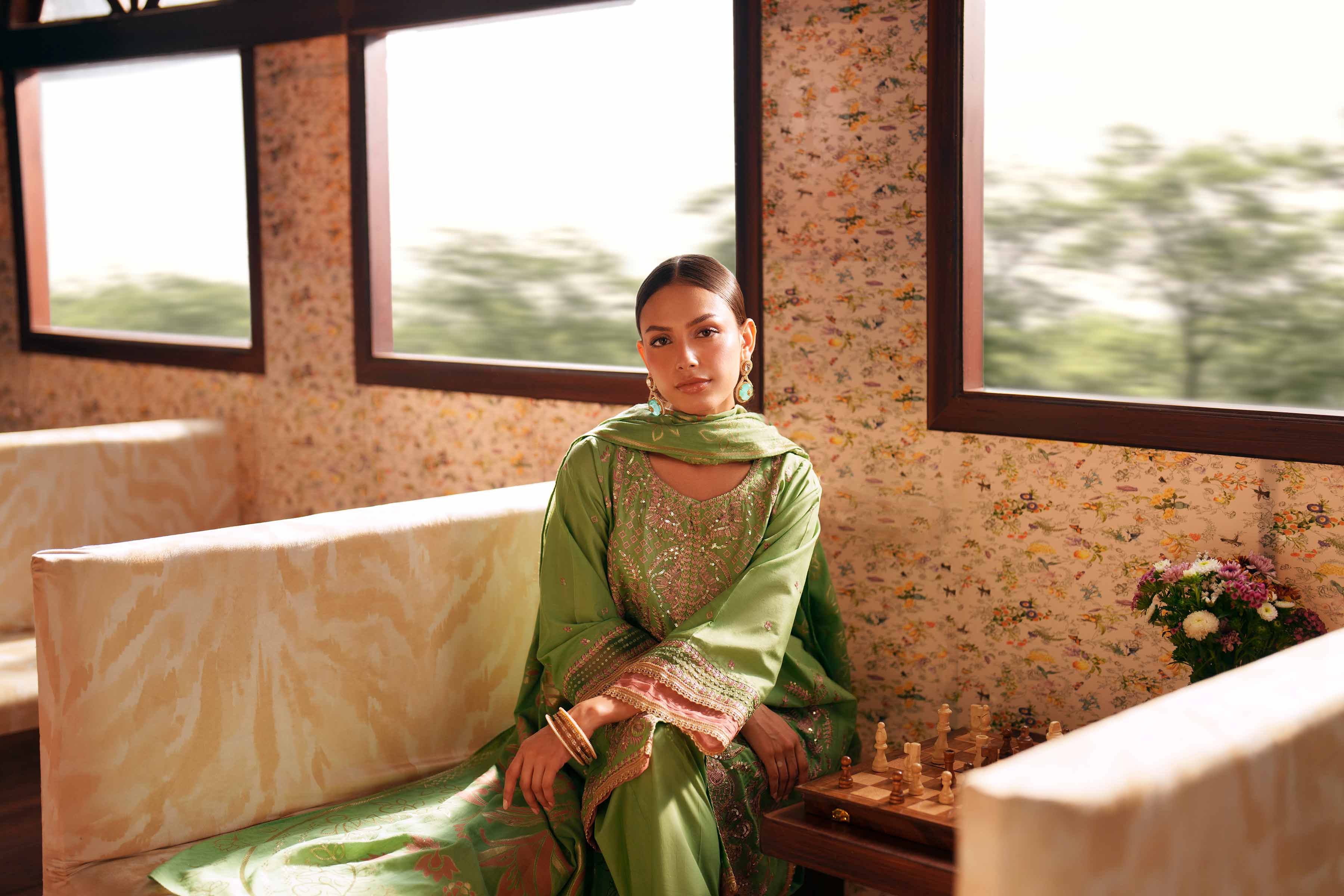 Nishat UK - Green Embroidered Slub Base 3-piece ready to wear Suit
