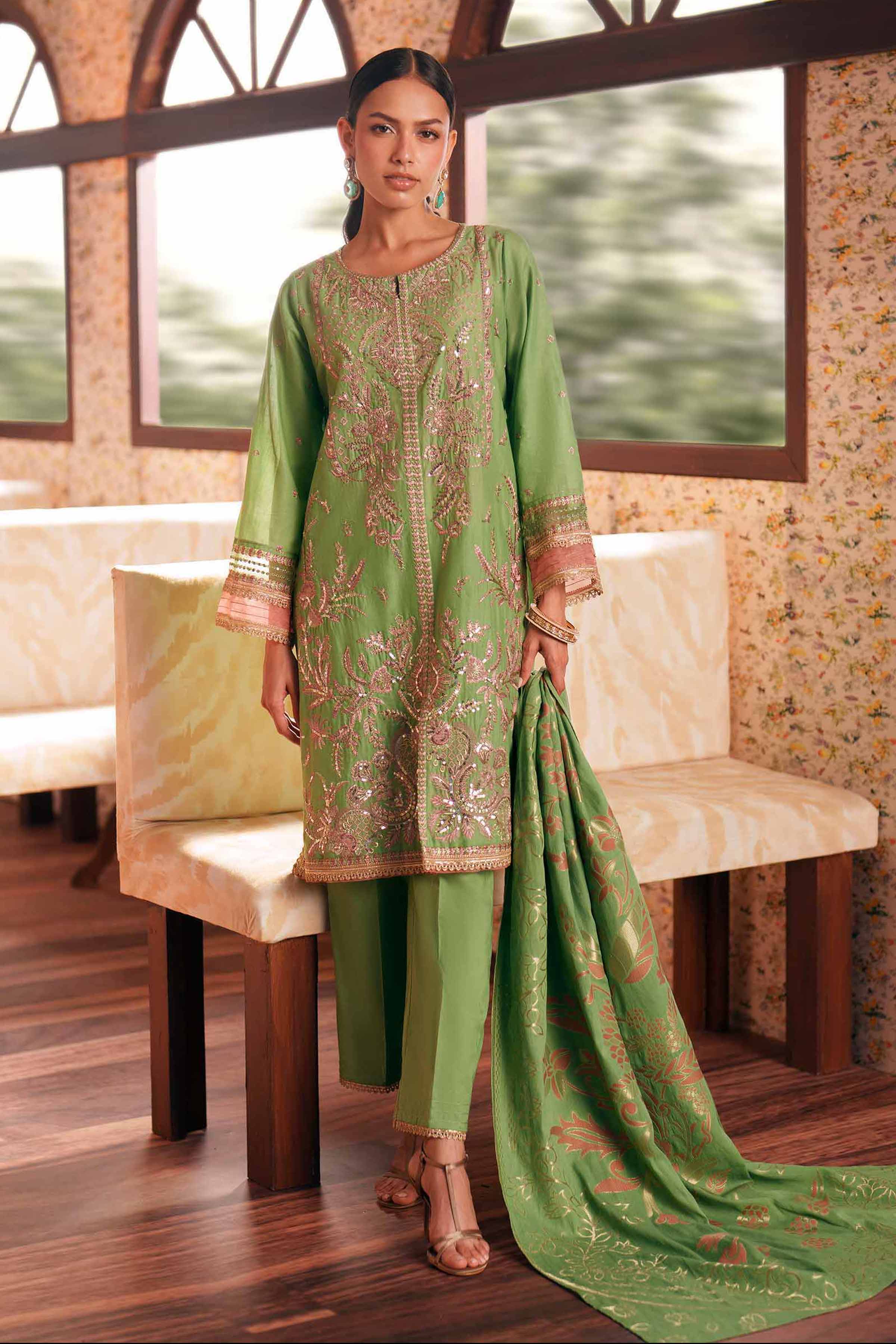 Nishat UK - Green Embroidered Slub Base 3-piece ready to wear Suit