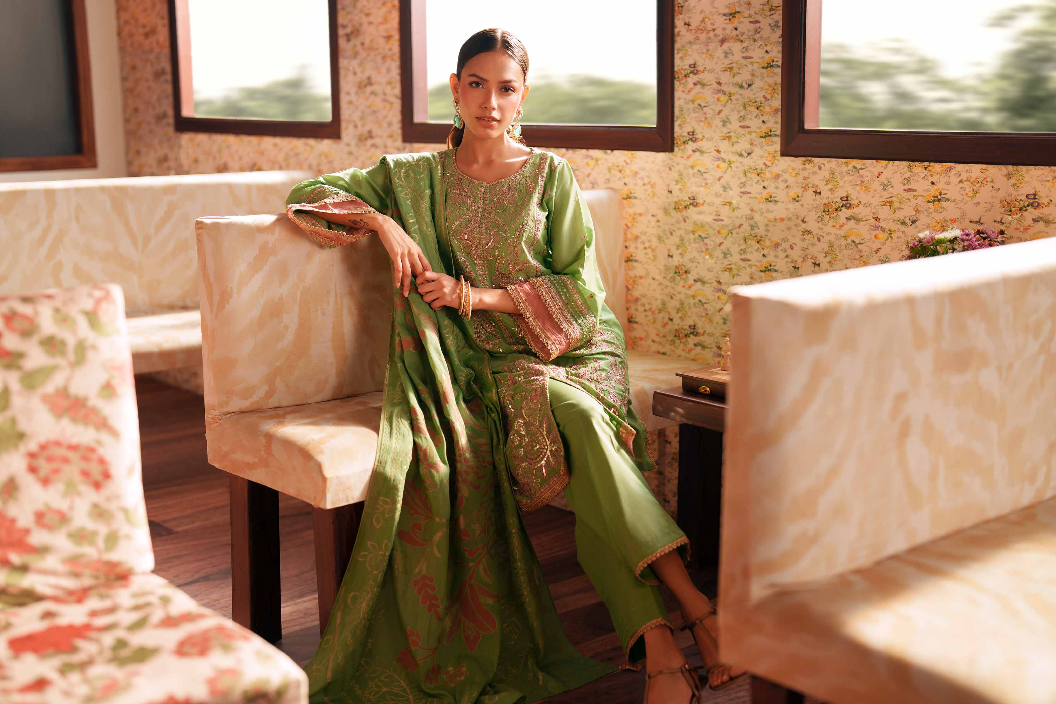 Nishat UK - Green Embroidered Slub Base 3-piece ready to wear Suit