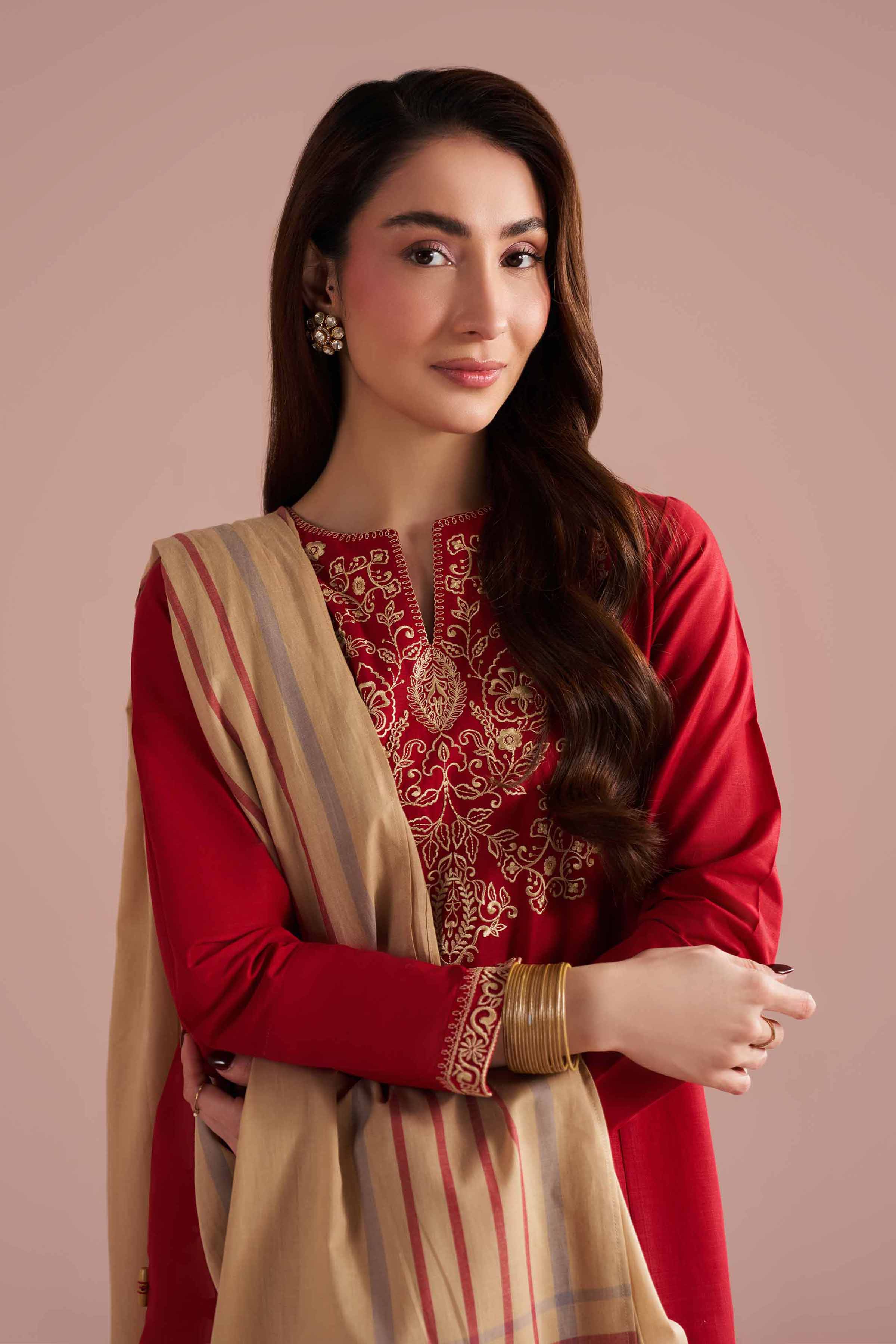 NishatUK - Red Embroidered Cross Hatch 3-piece ready to wear Suit