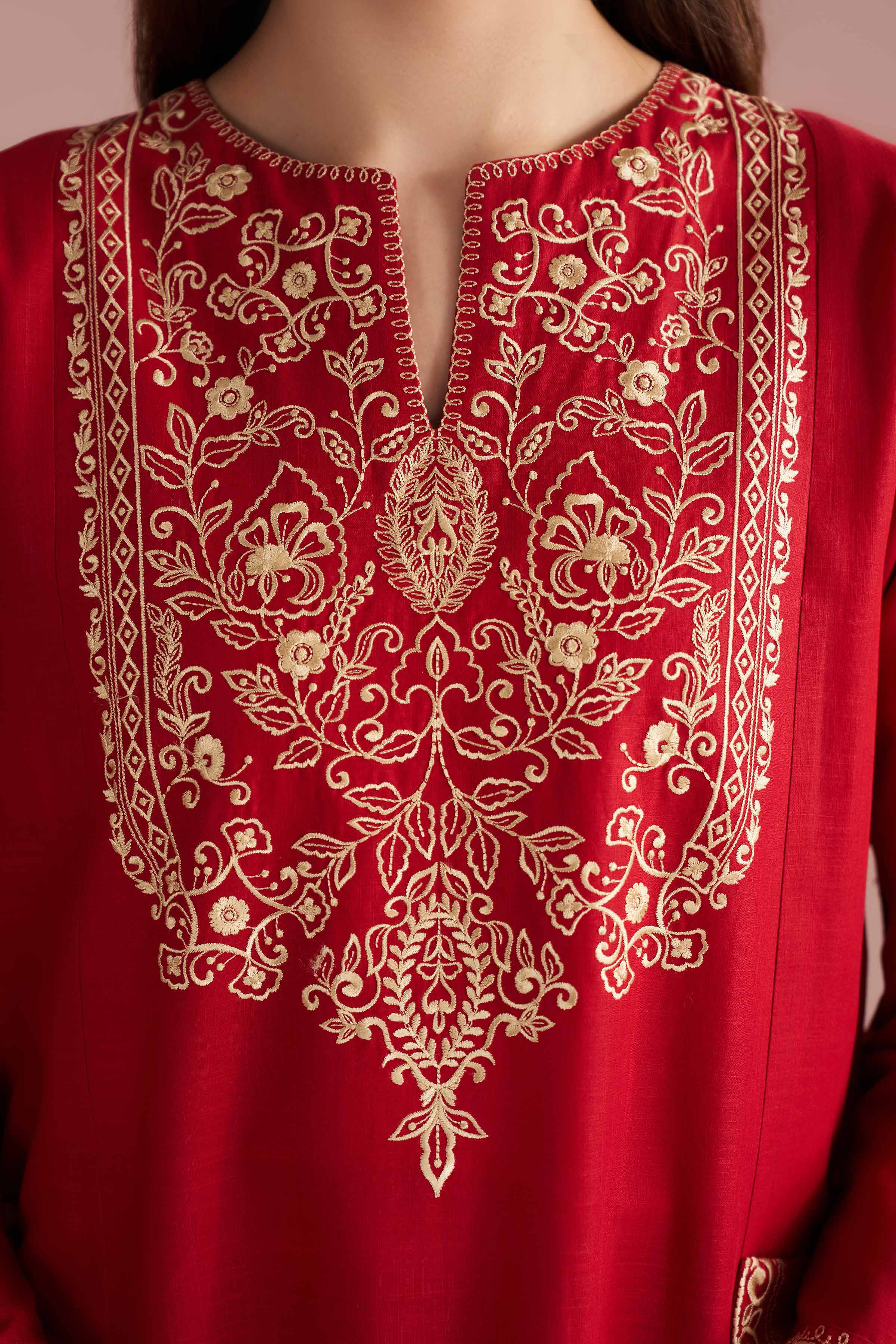 NishatUK - Red Embroidered Cross Hatch 3-piece ready to wear Suit