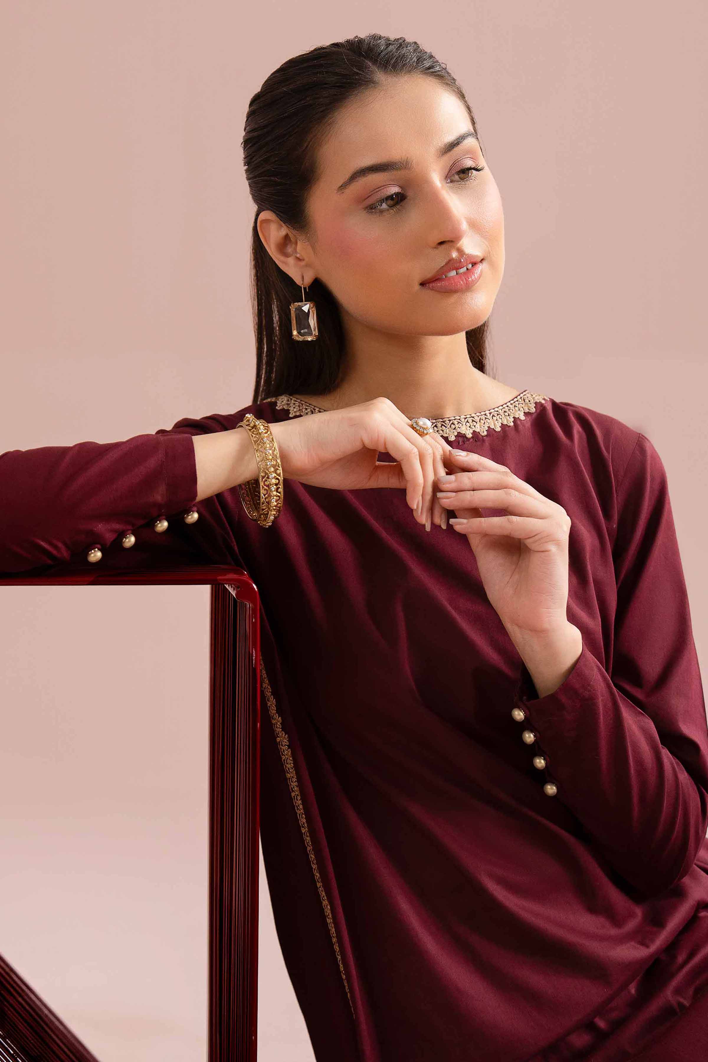 Nishat UK - Red Embroidered Yarn Dyed 1 Piece Ready To Wear Shirt