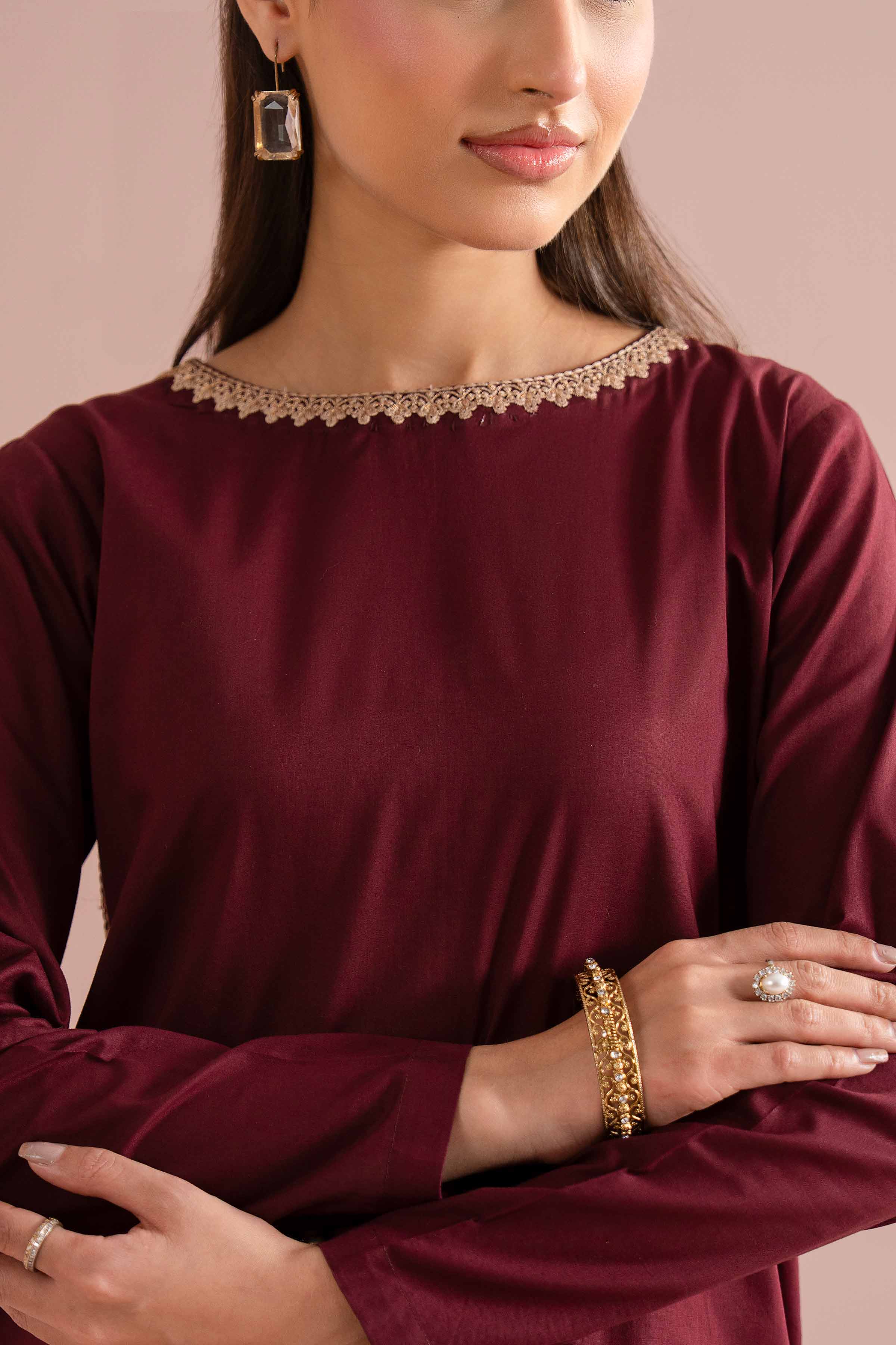 Nishat UK - Red Embroidered Yarn Dyed 1 Piece Ready To Wear Shirt