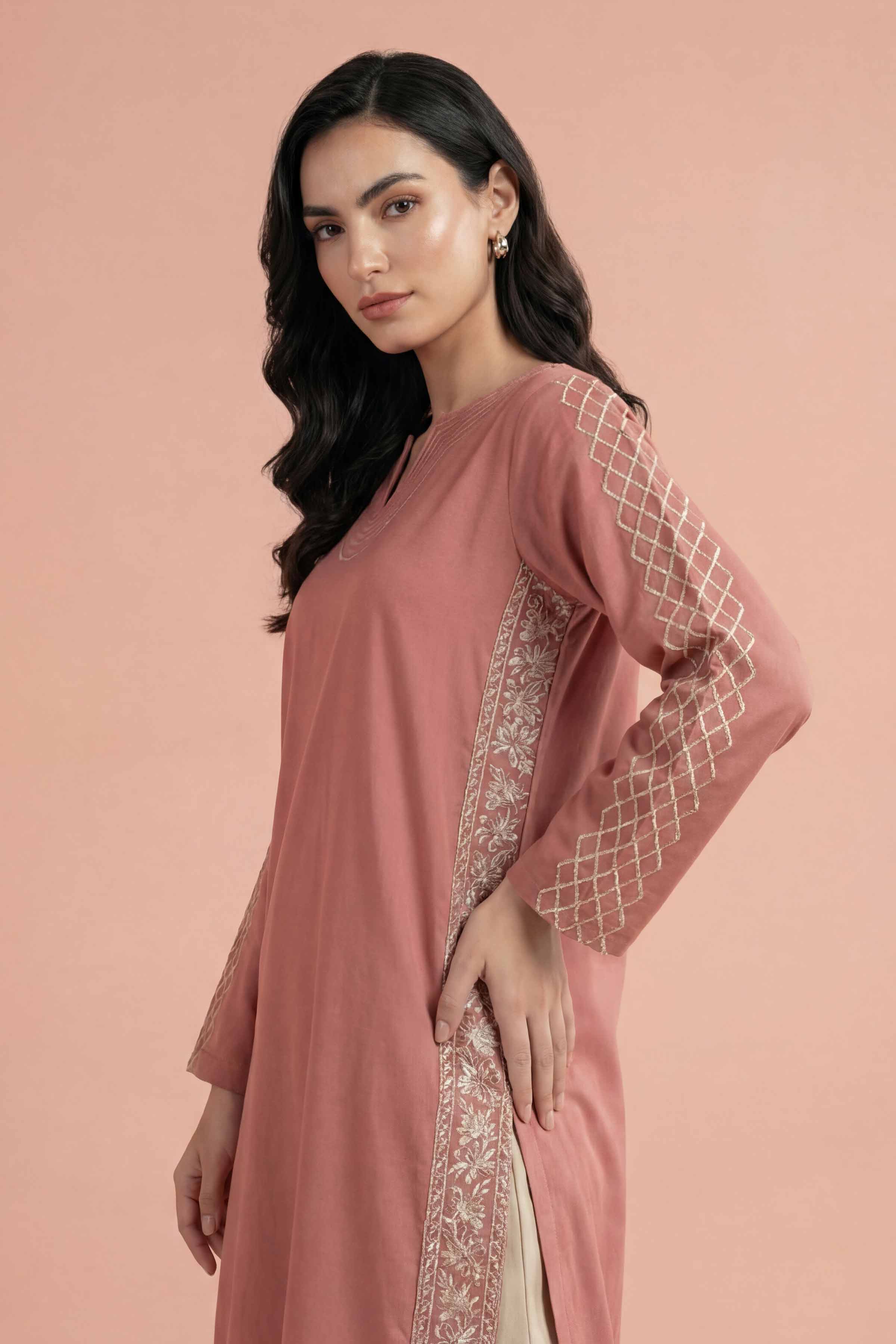 NishatUK - Brown Embroidered Yarn Dyed 1-piece ready to wear Shirt