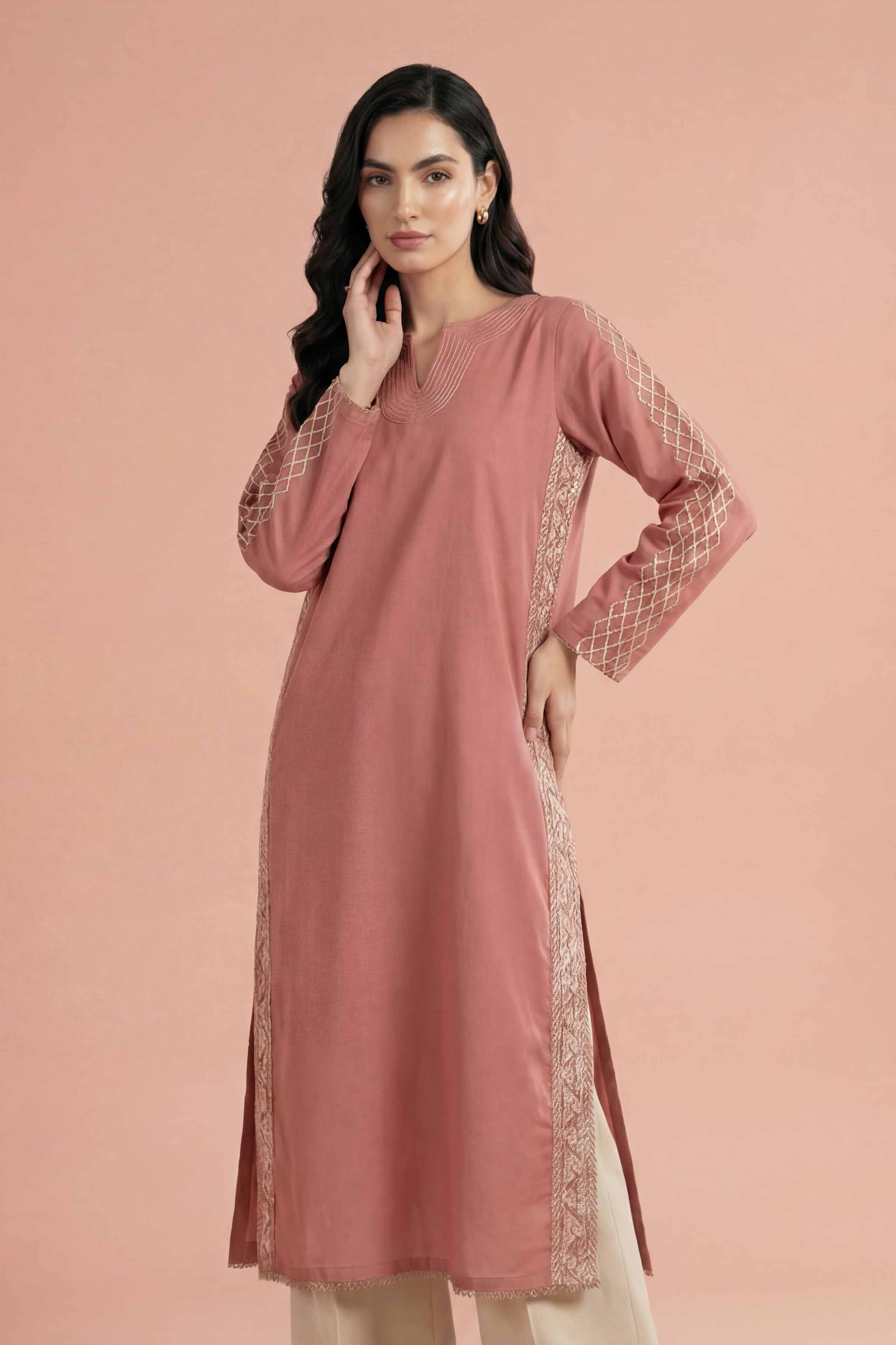 NishatUK - Brown Embroidered Yarn Dyed 1-piece ready to wear Shirt