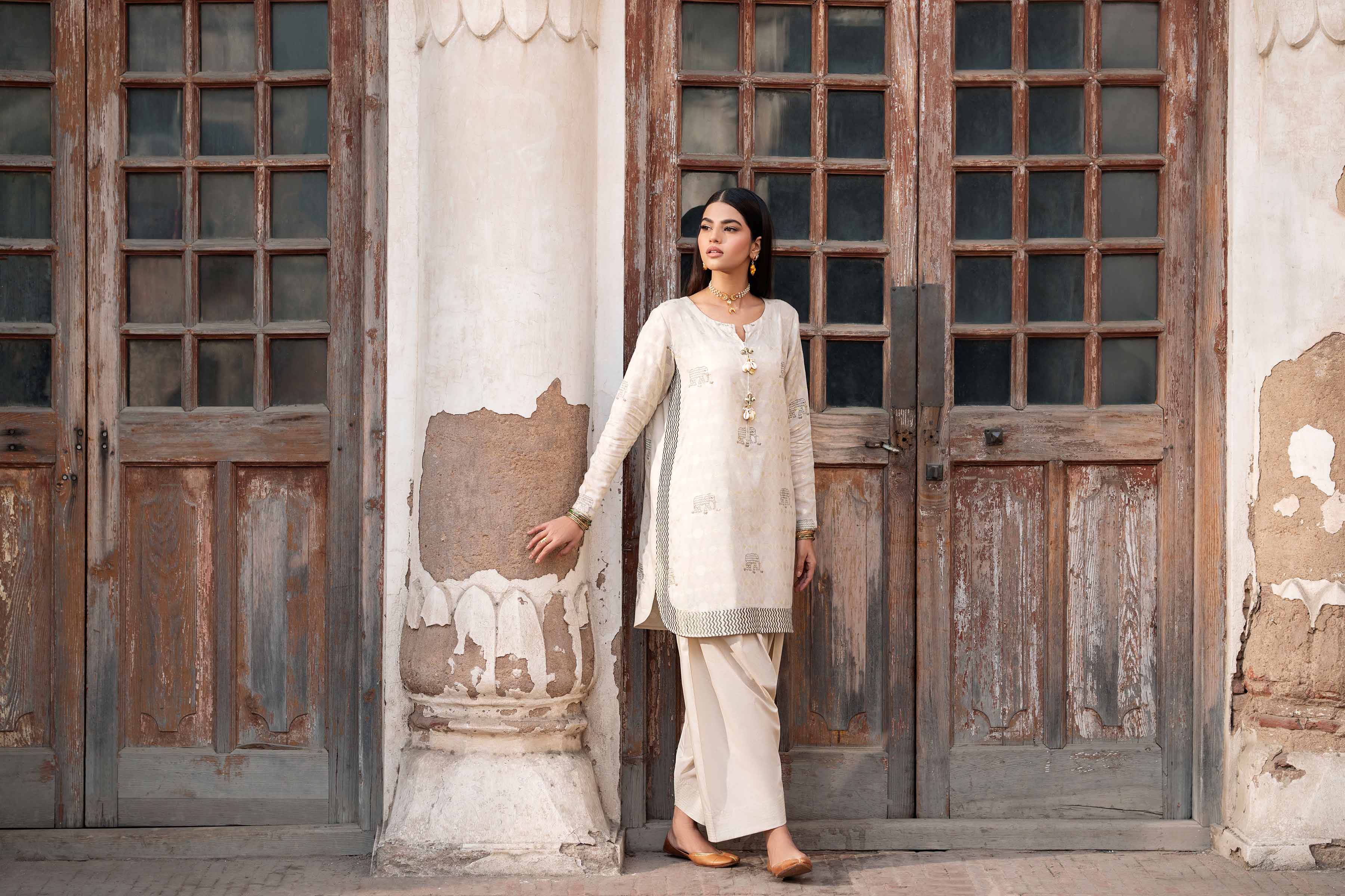 NishatUK - Beige Embroidered Jacquard 2-piece ready to wear Dress