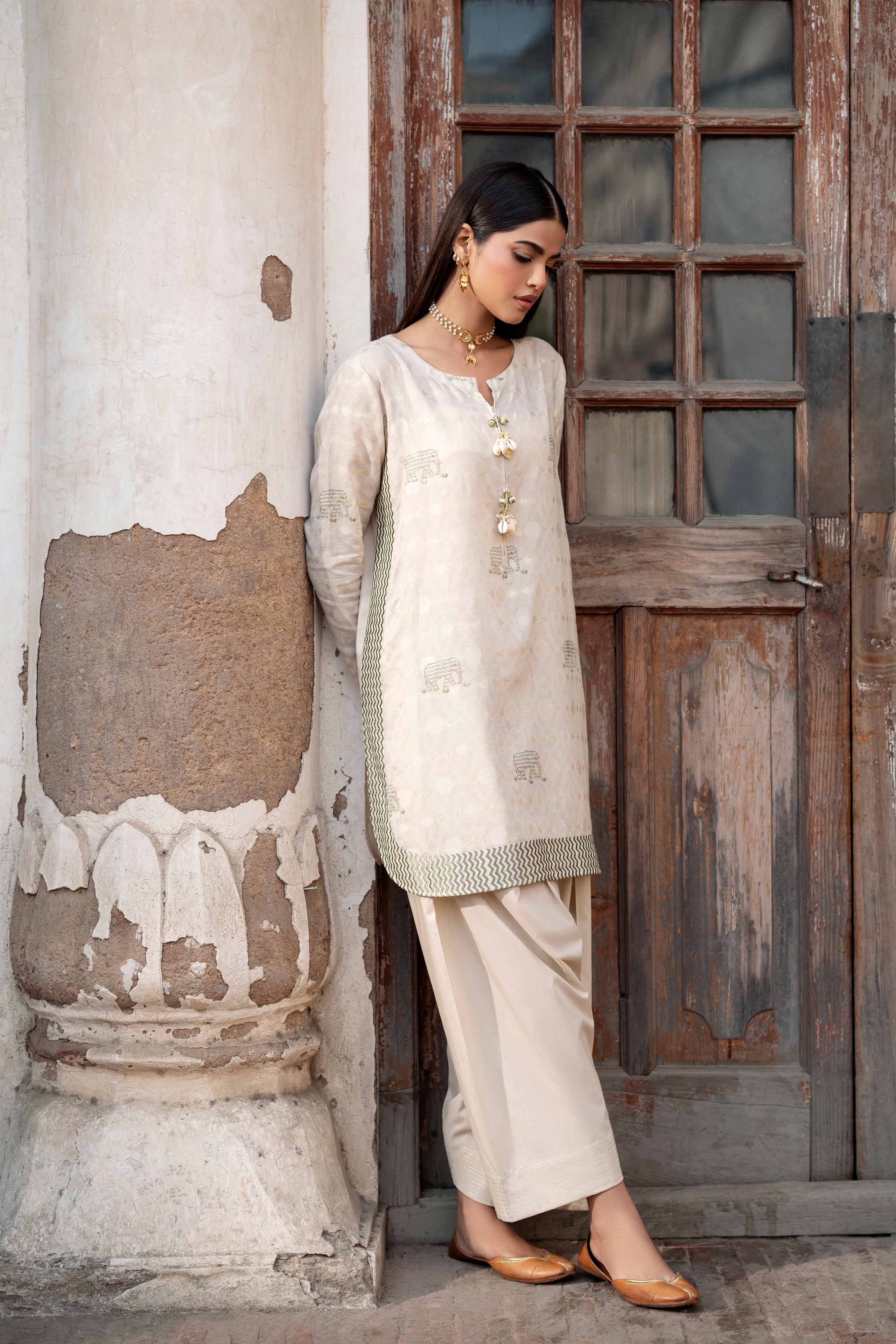 NishatUK - Beige Embroidered Jacquard 2-piece ready to wear Dress