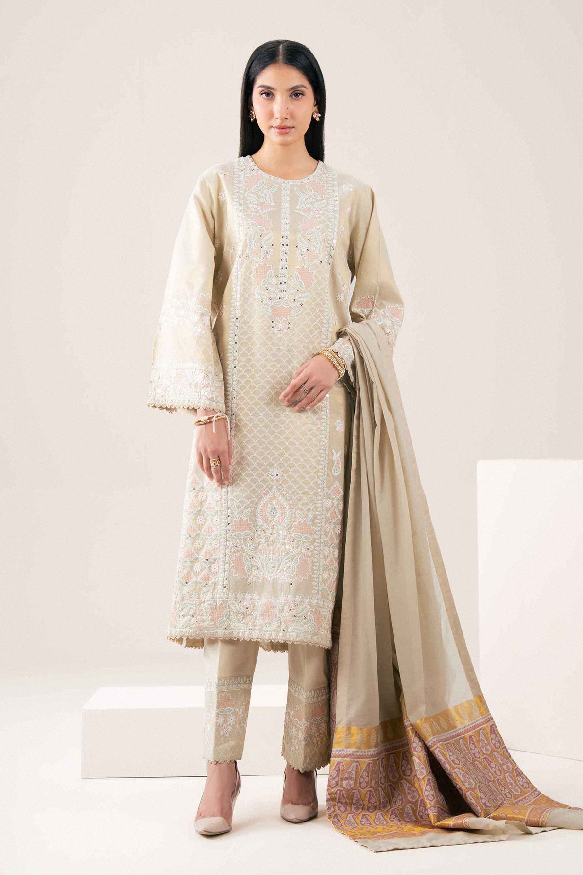 Nishat UK - Ivory Embroidered Yarn Dyed 3 Pieces ready to wear Suit