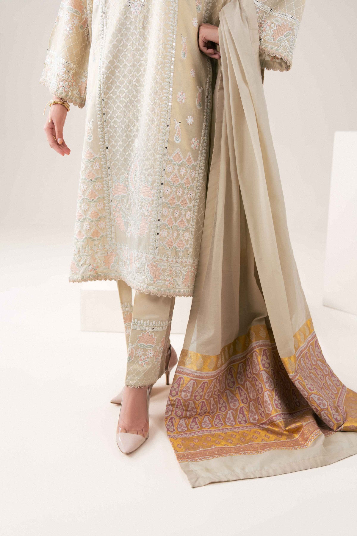 Nishat UK - Ivory Embroidered Yarn Dyed 3 Pieces ready to wear Suit