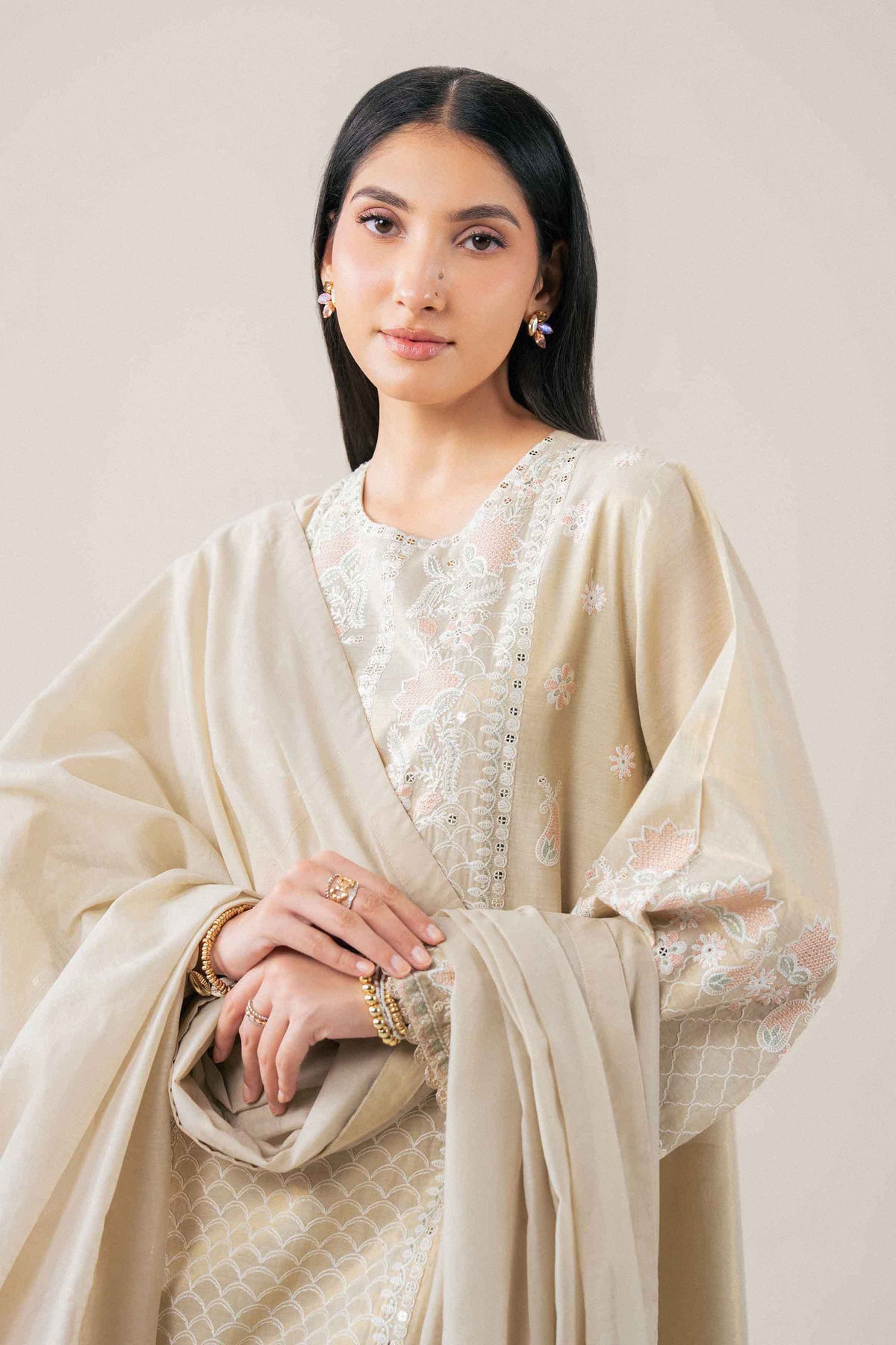 Nishat UK - Ivory Embroidered Yarn Dyed 3 Pieces ready to wear Suit