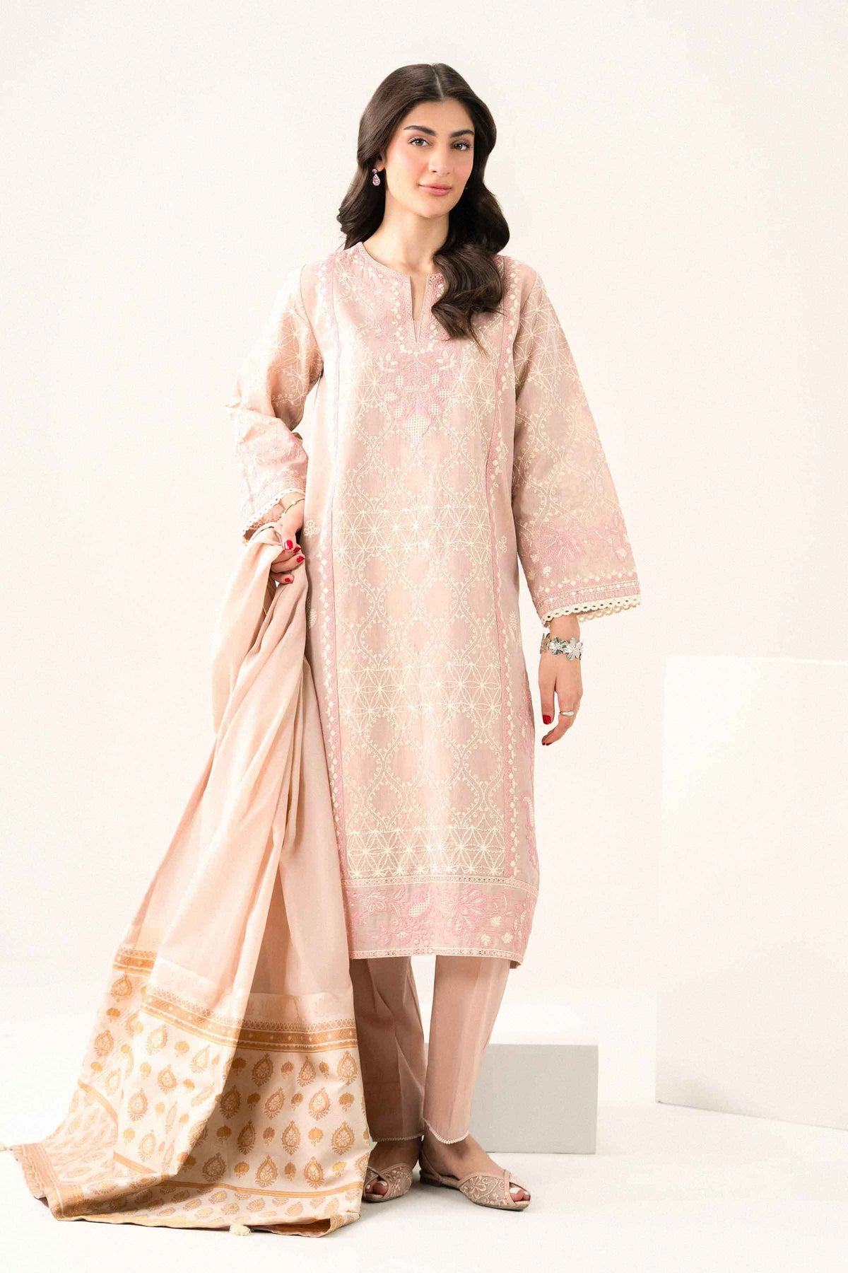 Nishat UK - Pink Embroidered Yarn Dyed 3 Pieces ready to wear Suit