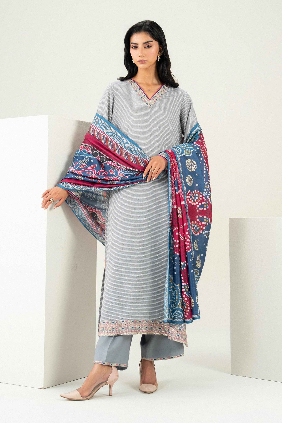 Nishat UK - Grey Embroidered Silk 3 Pieces ready to wear Suit