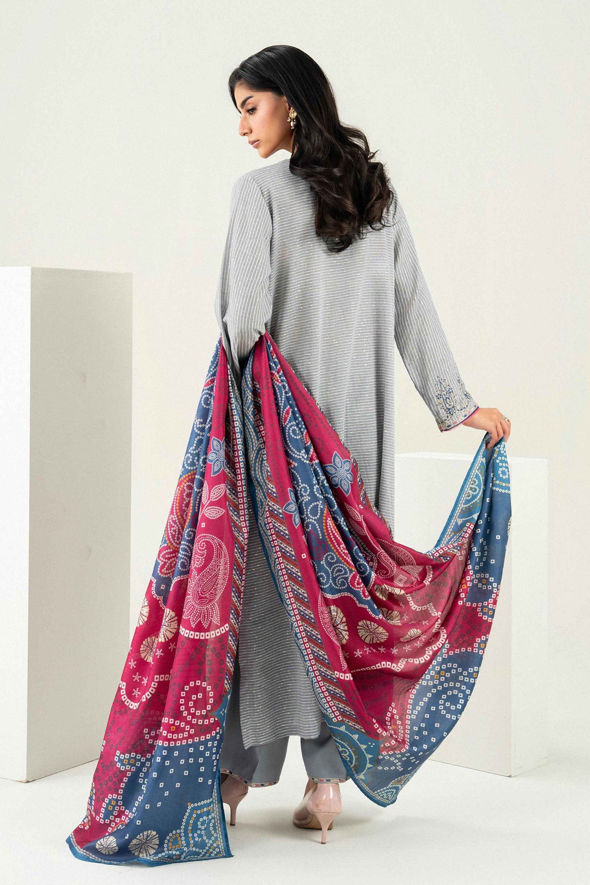 Nishat UK - Grey Embroidered Silk 3 Pieces ready to wear Suit