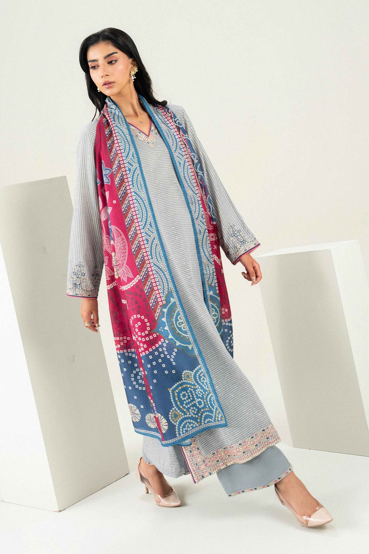 Nishat UK - Grey Embroidered Silk 3 Pieces ready to wear Suit