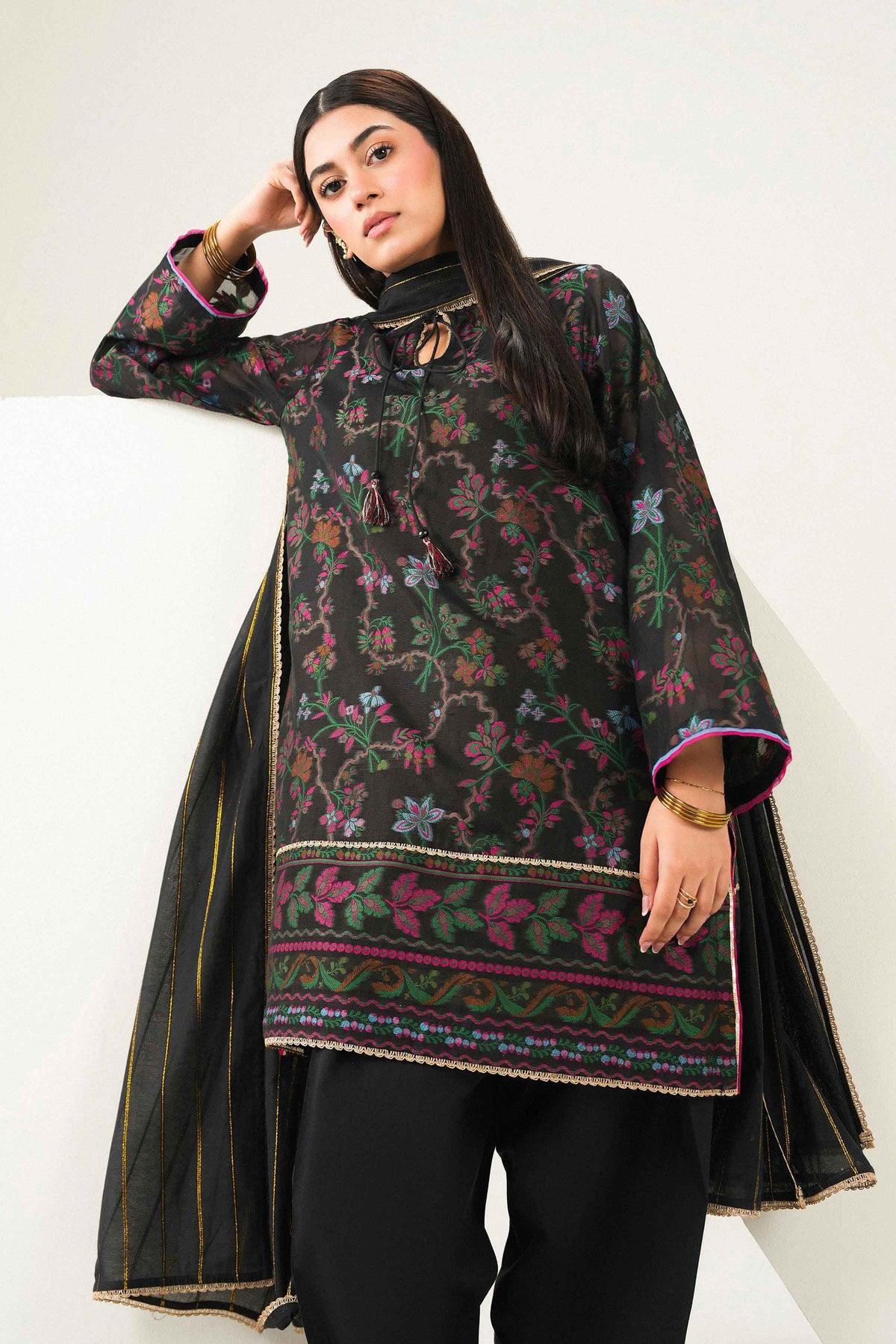 Nishat UK - Black Embroidered Yarn Dyed 3 Pieces ready to wear Suit