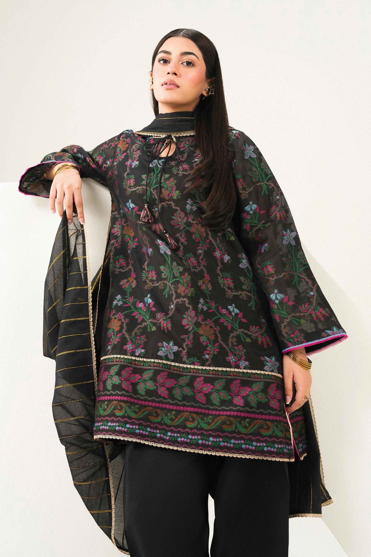 Nishat UK - Black Embroidered Yarn Dyed 3 Pieces ready to wear Suit