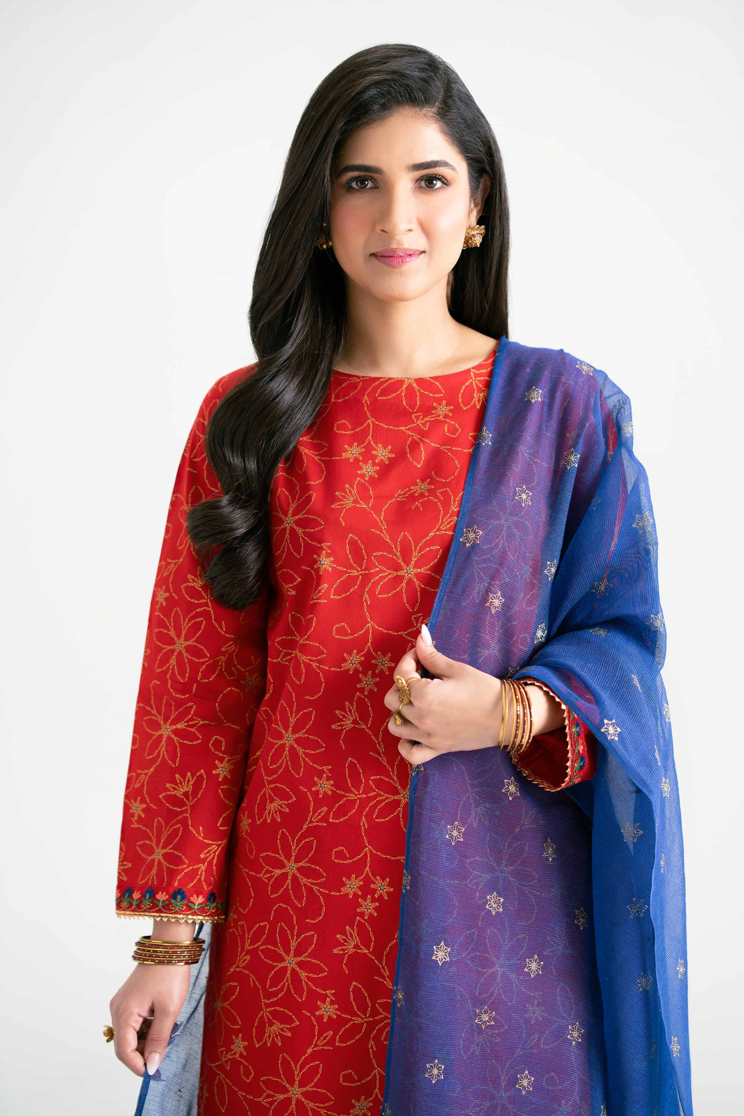 NishatUK - Red Embroidered  Lawn 3-piece ready to wear Suit
