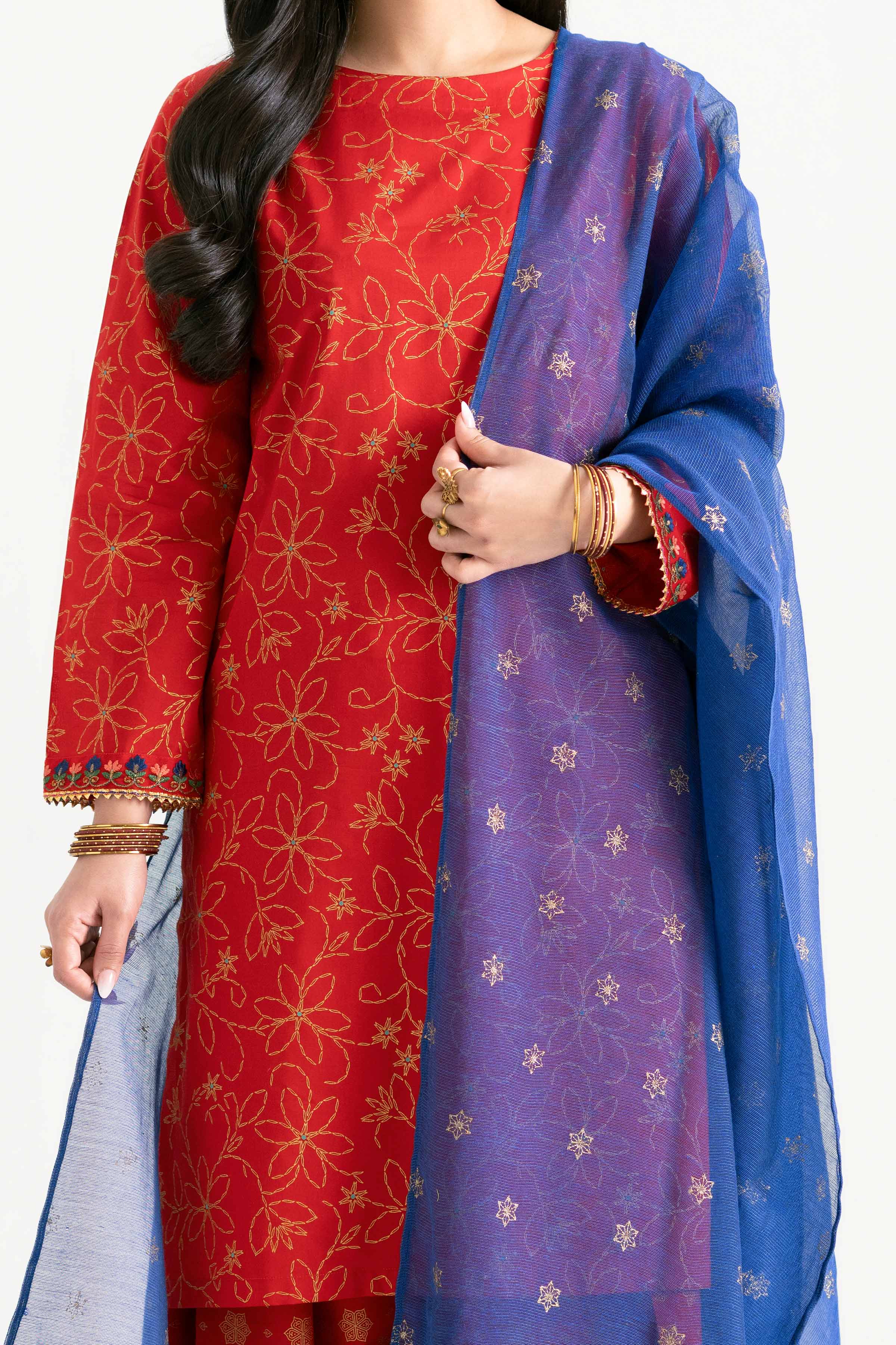 NishatUK - Red Embroidered  Lawn 3-piece ready to wear Suit