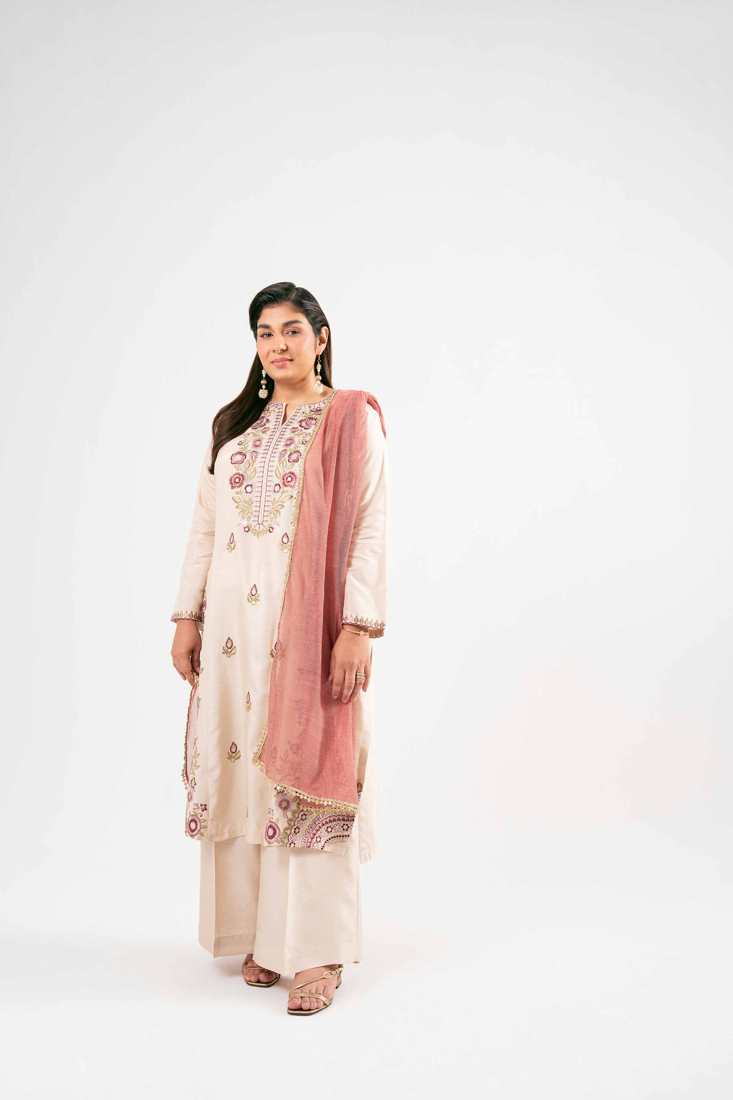 NishatUK - Beige Embroidered  Silk 3-piece ready to wear Suit