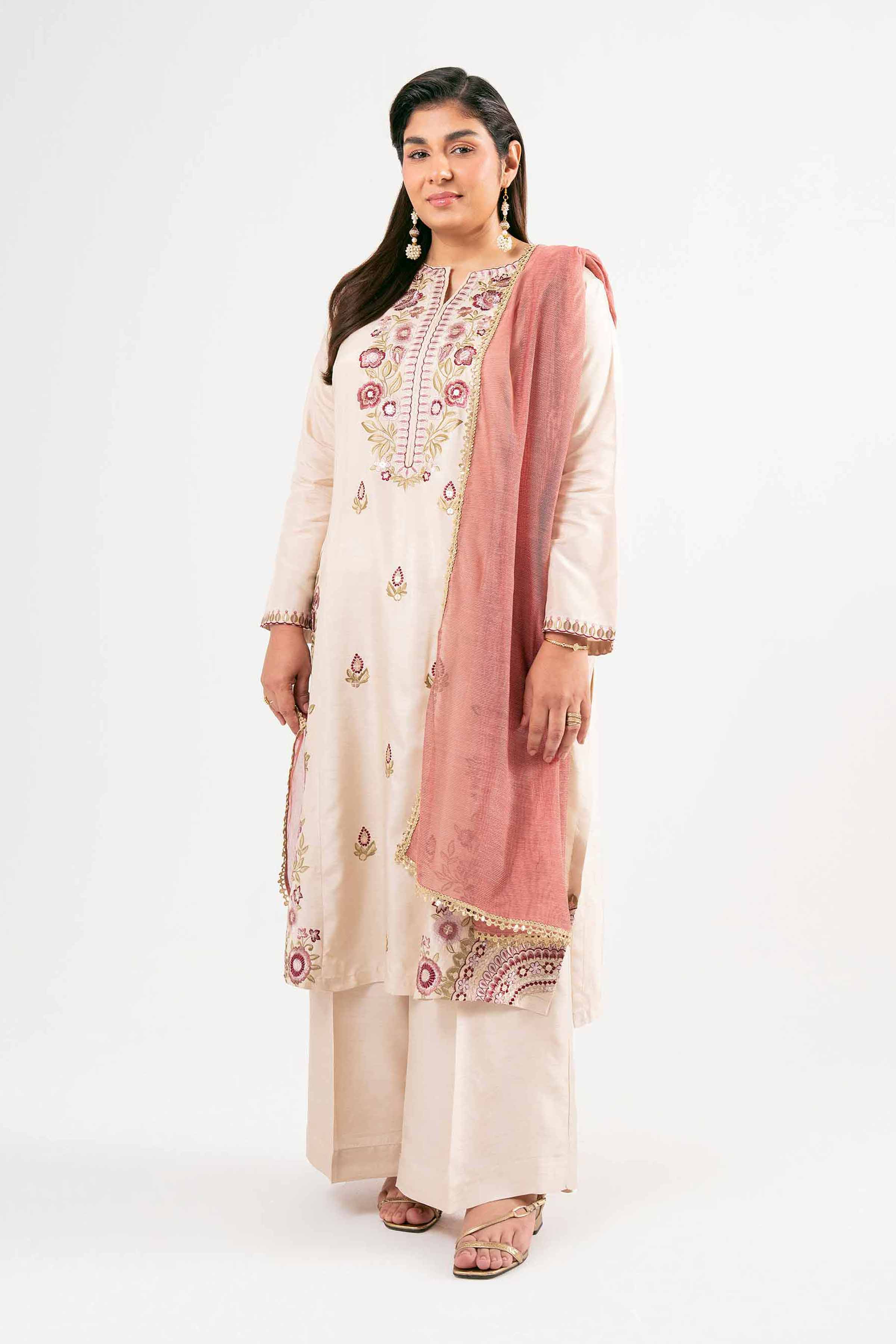 NishatUK - Beige Embroidered  Silk 3-piece ready to wear Suit