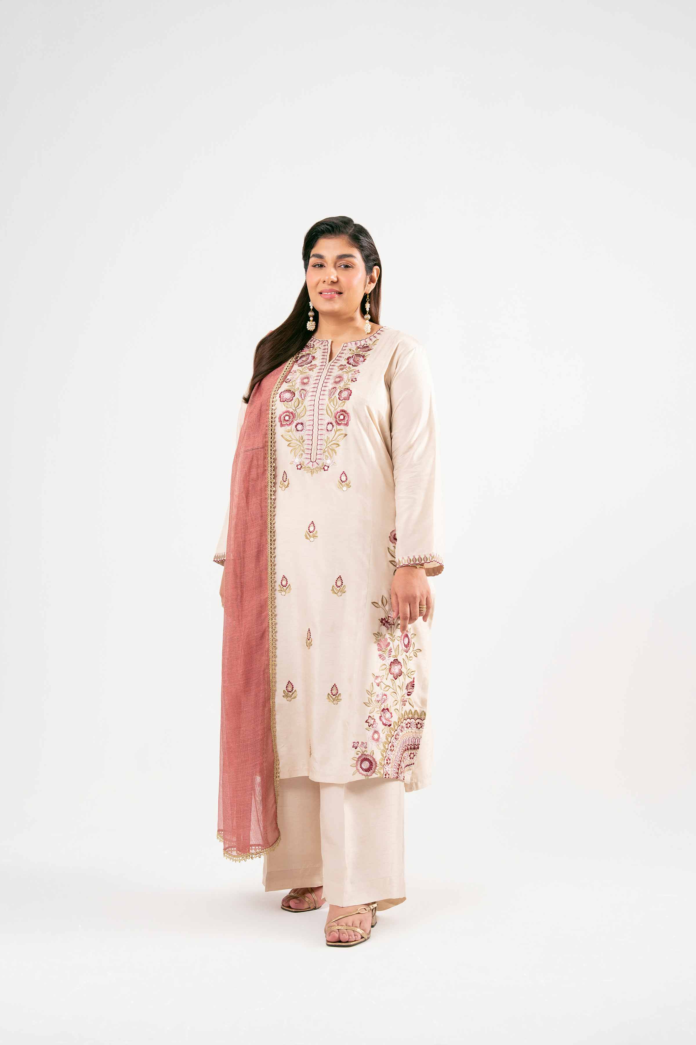 NishatUK - Beige Embroidered  Silk 3-piece ready to wear Suit